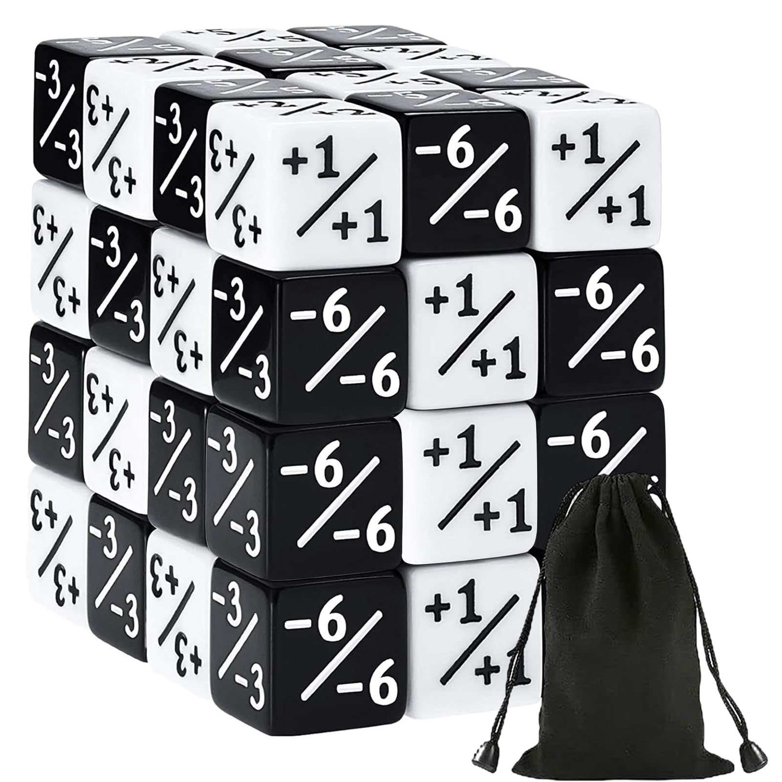 48 Pièces Compteurs de Dés Dés de Jeton D6 Dés de Fidélité Dés de Cube Compatibles avec MTG, CCG, Accessoire de Jeu de Cartes avec Sac de Rangement (Noir et Blanc)
