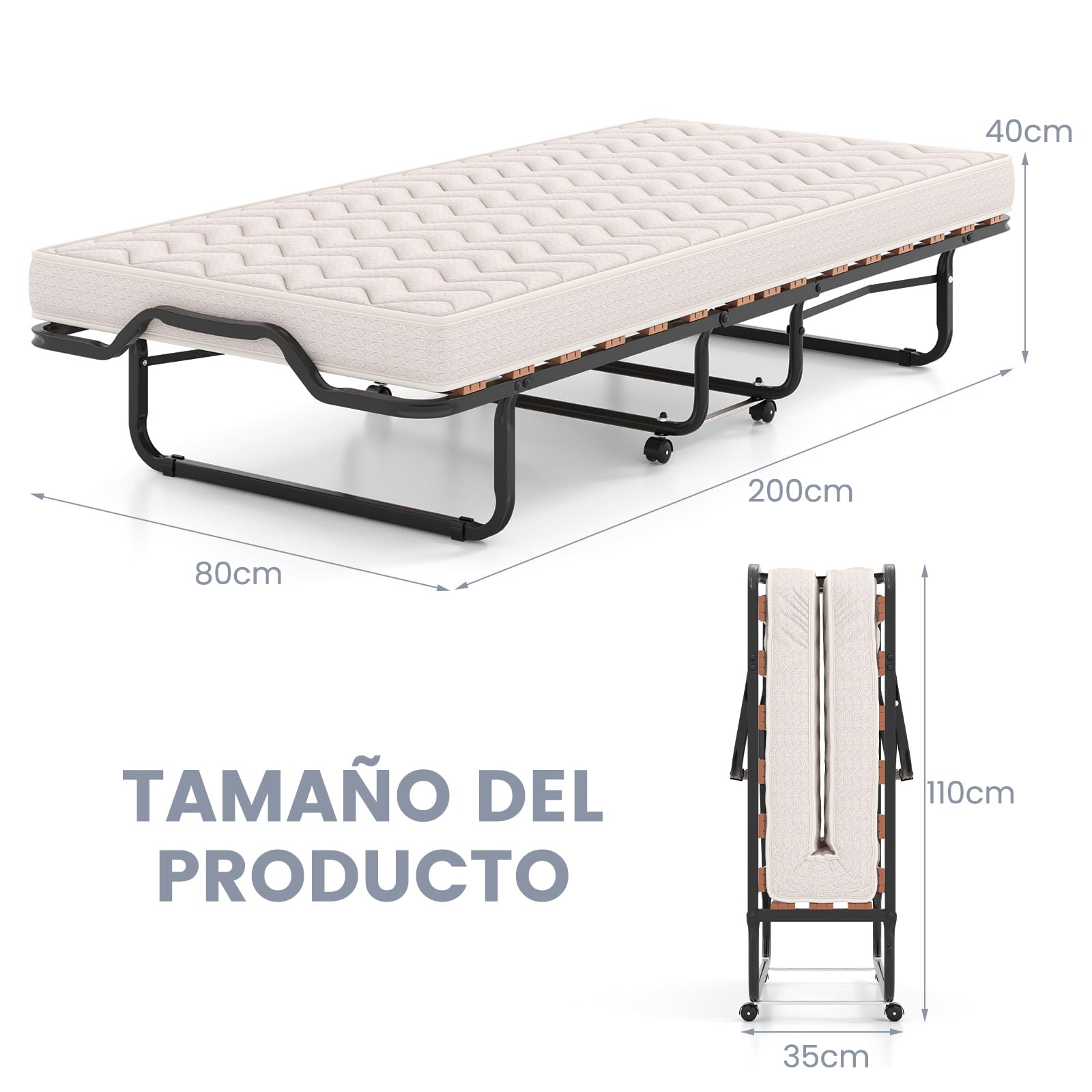 COSTWAY Cama Plegable con Colchón en Memory Foam 80 X 200 cm, Cama Supletoria Plegable con Ruedas para Casa, Acolchado Ondulado con Doble Relleno de Fibra, Ahorra Espacio, (Beige 2)