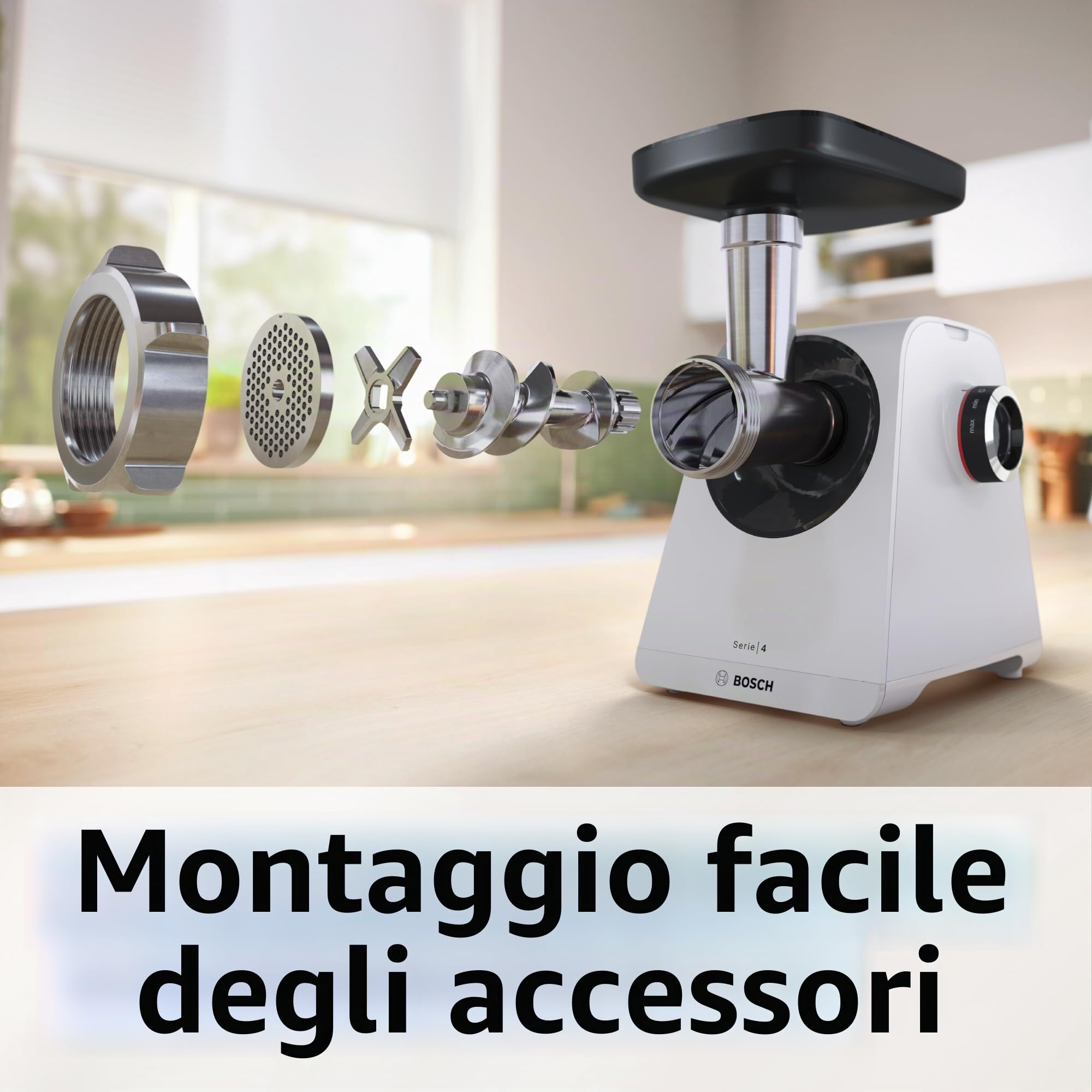 Bosch, MultiPower Serie 4, tritacarne, potente motore da 1900 watt, tritacarne, salsicce, bianco, MFWS420W