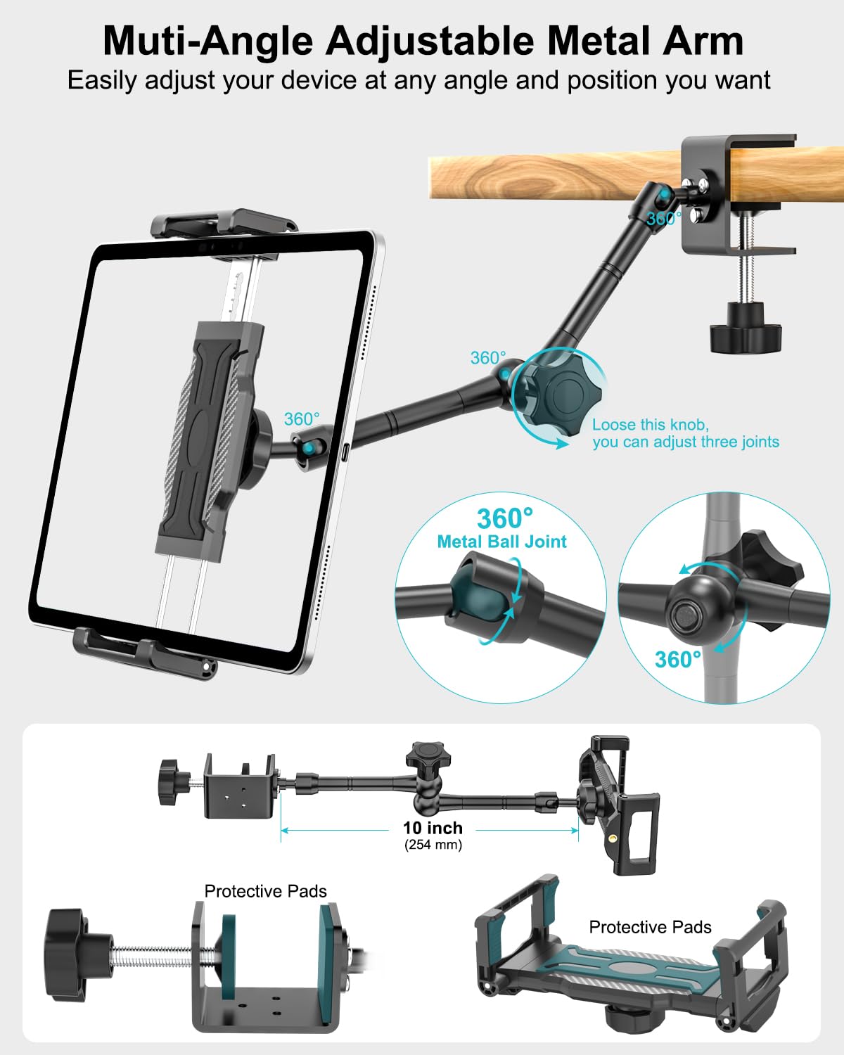 Supporto Tablet per Cucina, Braccio in Metallo Supporto Regolabile a 360 Gradi, per iPad Pro 13 Air Mini, Galaxy Tab, Fire, iPhone, 6,1 a 15,6", Supporto Tablet per Tavolo/Mensola/Scrivania