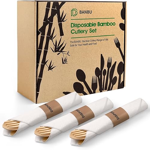 Juego de cultivo de bambú con servilletas preenrolladas, paquete de 50 (6.7 pulgadas, 50 tenedores, 50 cucharas, 50 cuchillos, 50 servilletas) Juego