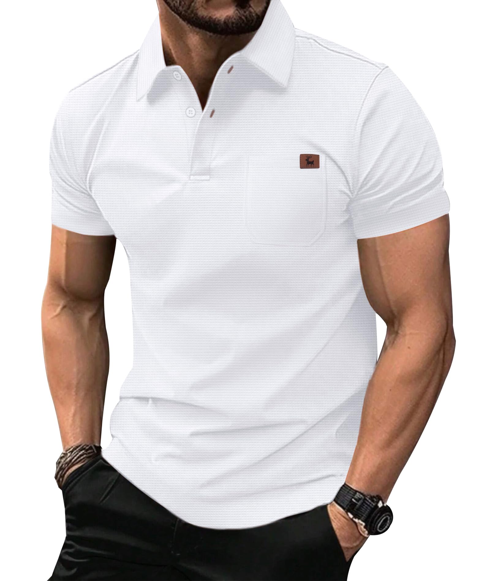 GEEK LIGHTING Mens Waffle Texture Polo Shirts Short Sleeve Casual T-Shirts Moisture Wicking Collared Golf Shirt with Pocket
