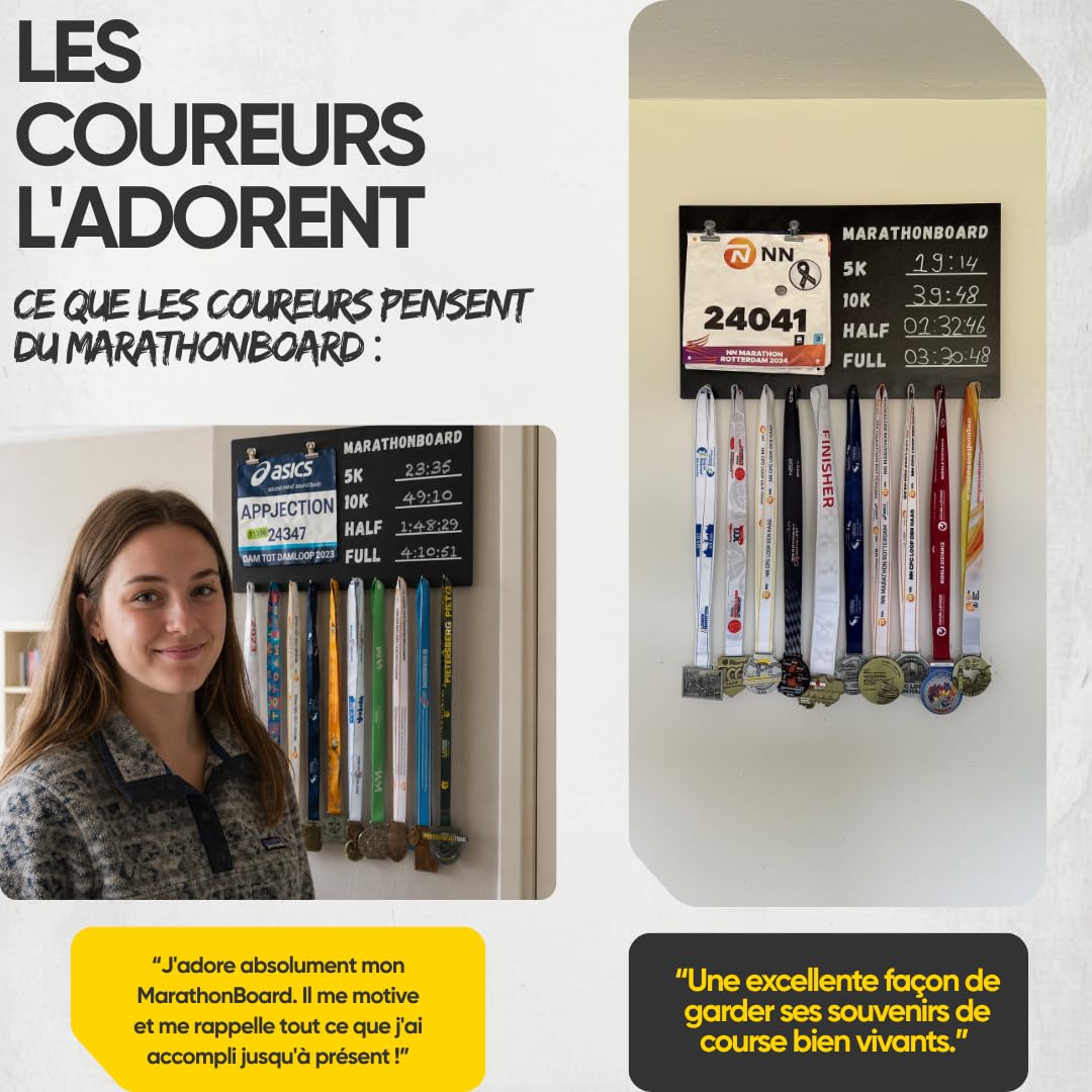 Présentoir pour médailles de Coureur, Porte-Médailles pour Coureurs – Support pour Médailles de Course à Pied et Marathon – Kit de Montage et Craie Inclus