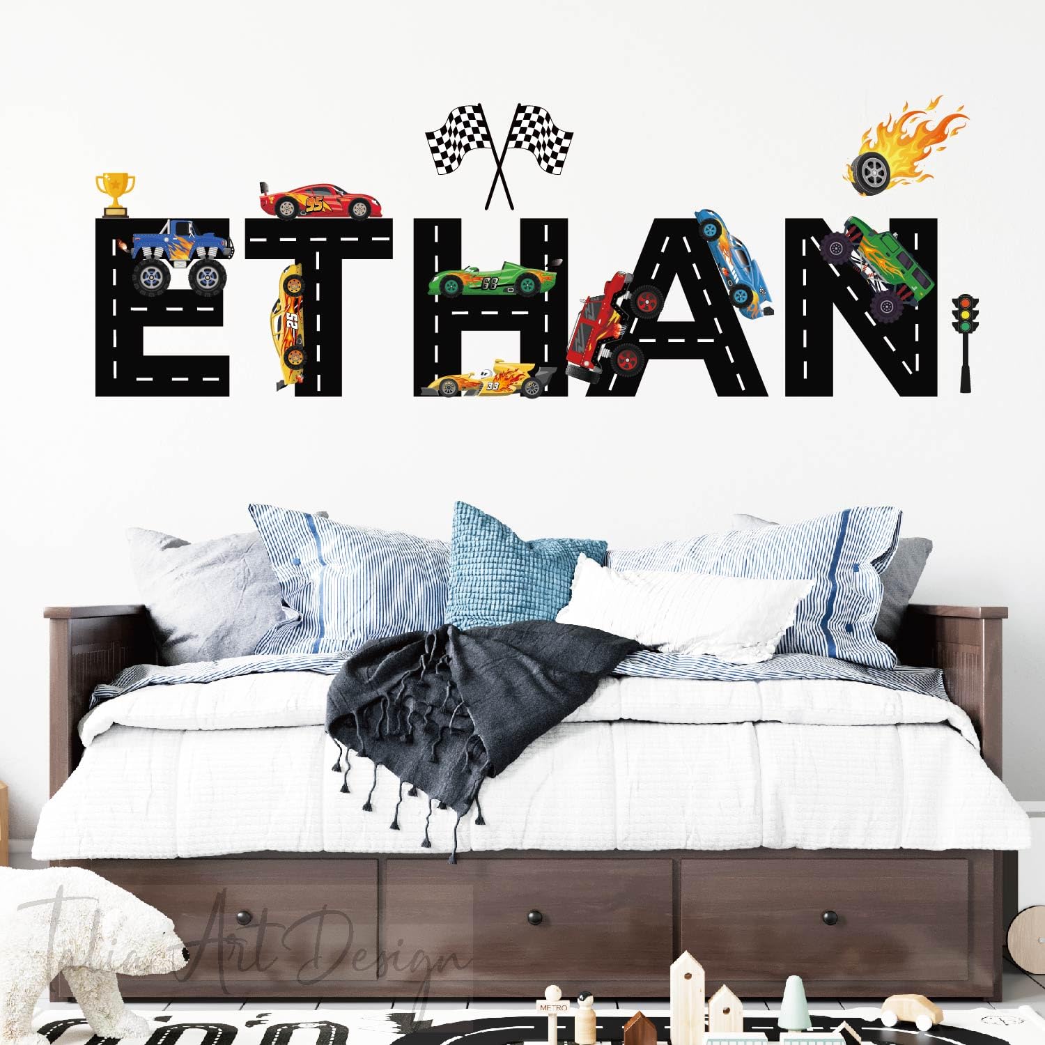 Generic Custom Racing Car Name Wall Decal - Ethan - Vinyl - Black - Dynamic Racing - Kids Room Wall Decal
