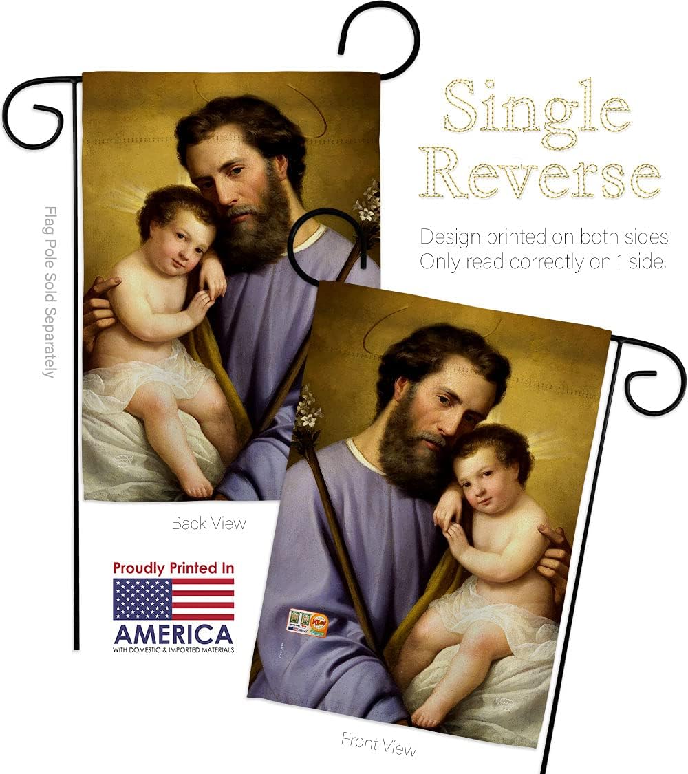 St Joseph And Infant Jesus Garden Flag Set Wall Holder Religious Faith Hope Grace Peace Dove Christian Religion Easter Small Decorative Gift Yard House Banner Made In USA 13 X 18.5