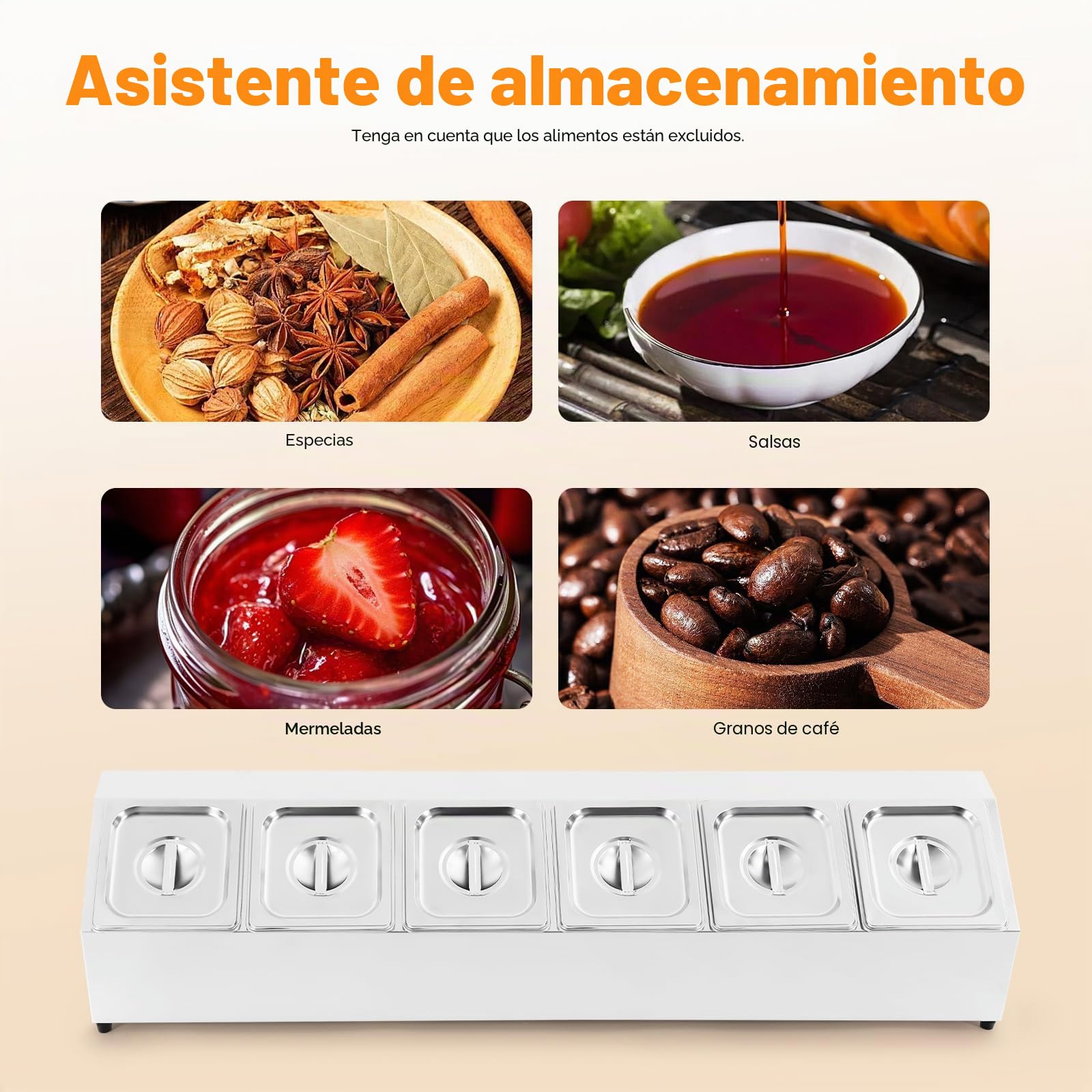 Contenedor de ingredientes de 6 rejillas con tapa de acero inoxidable - Caja de ingredientes - Contenedor para barbacoa y cocina - Contenedor de pizza