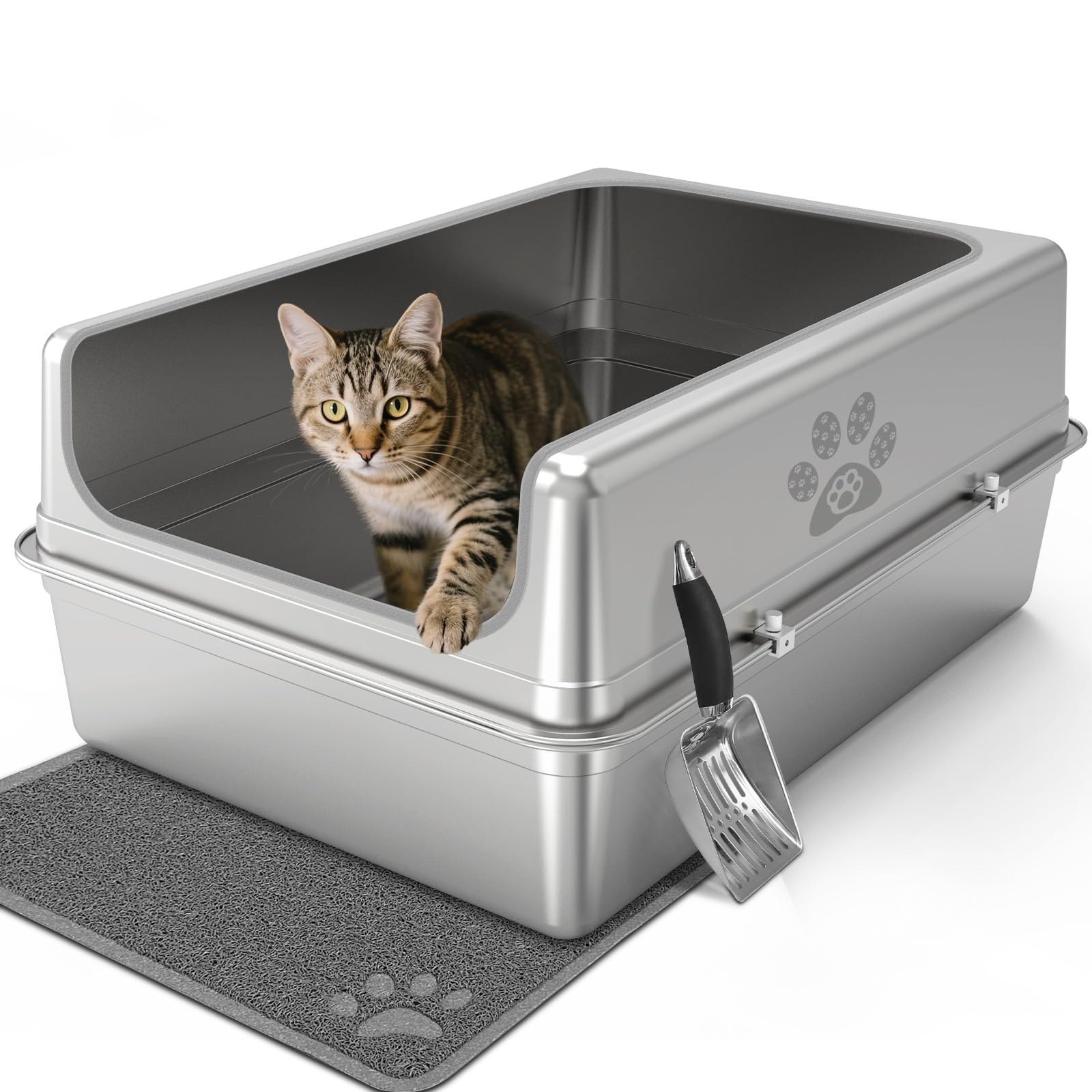 Enclosed Stainless Steel Cat Litter Box with Lid, Oversize Metal Litter Box for Multi Cats, Extra XXL Cat Toilet with High Side, Non-Stick, Anti-Leakage, Odorless, with Litter Mat & Litter Scoop