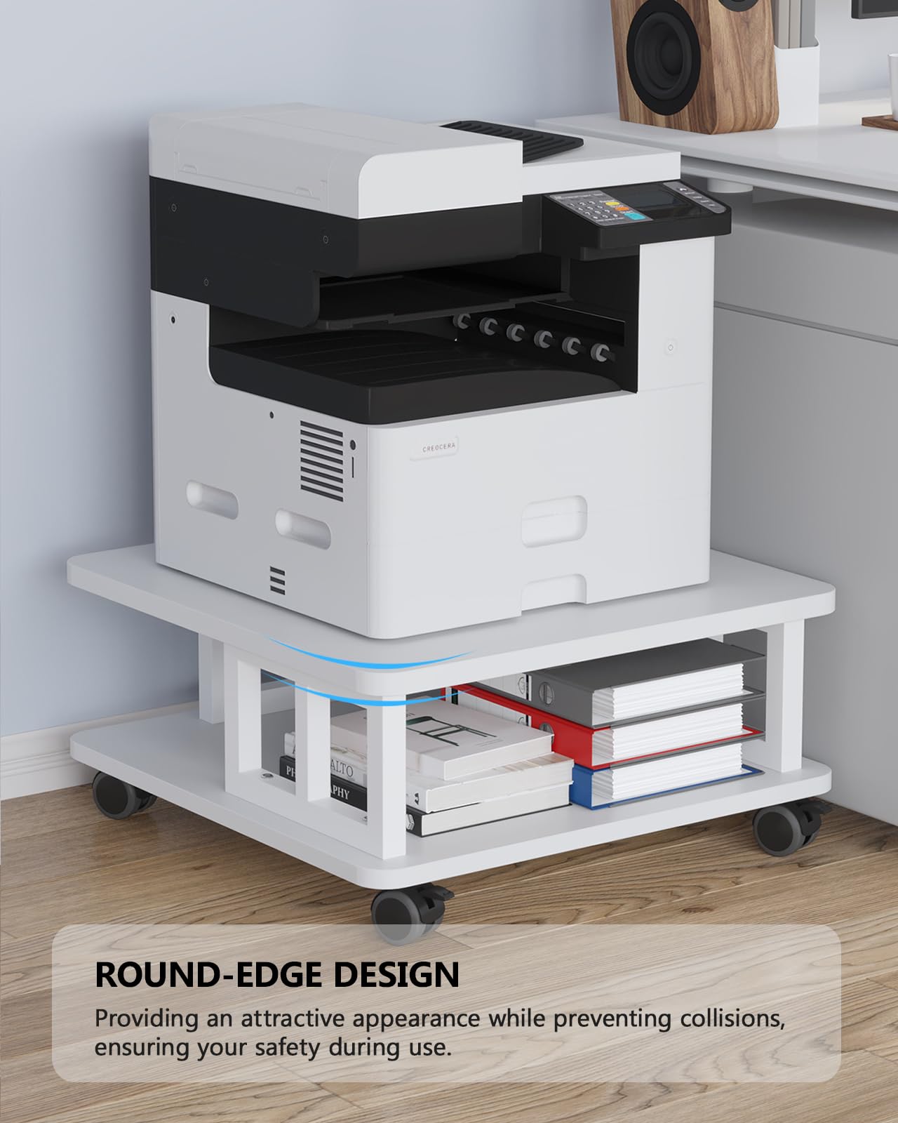 Soporte para impresora móvil, estante grande de 2 niveles para impresora láser 3D, máquina de oficina con almacenamiento, carrito de impresora de madera de 23.6 x 23.6 pulgadas, estante debajo 7
