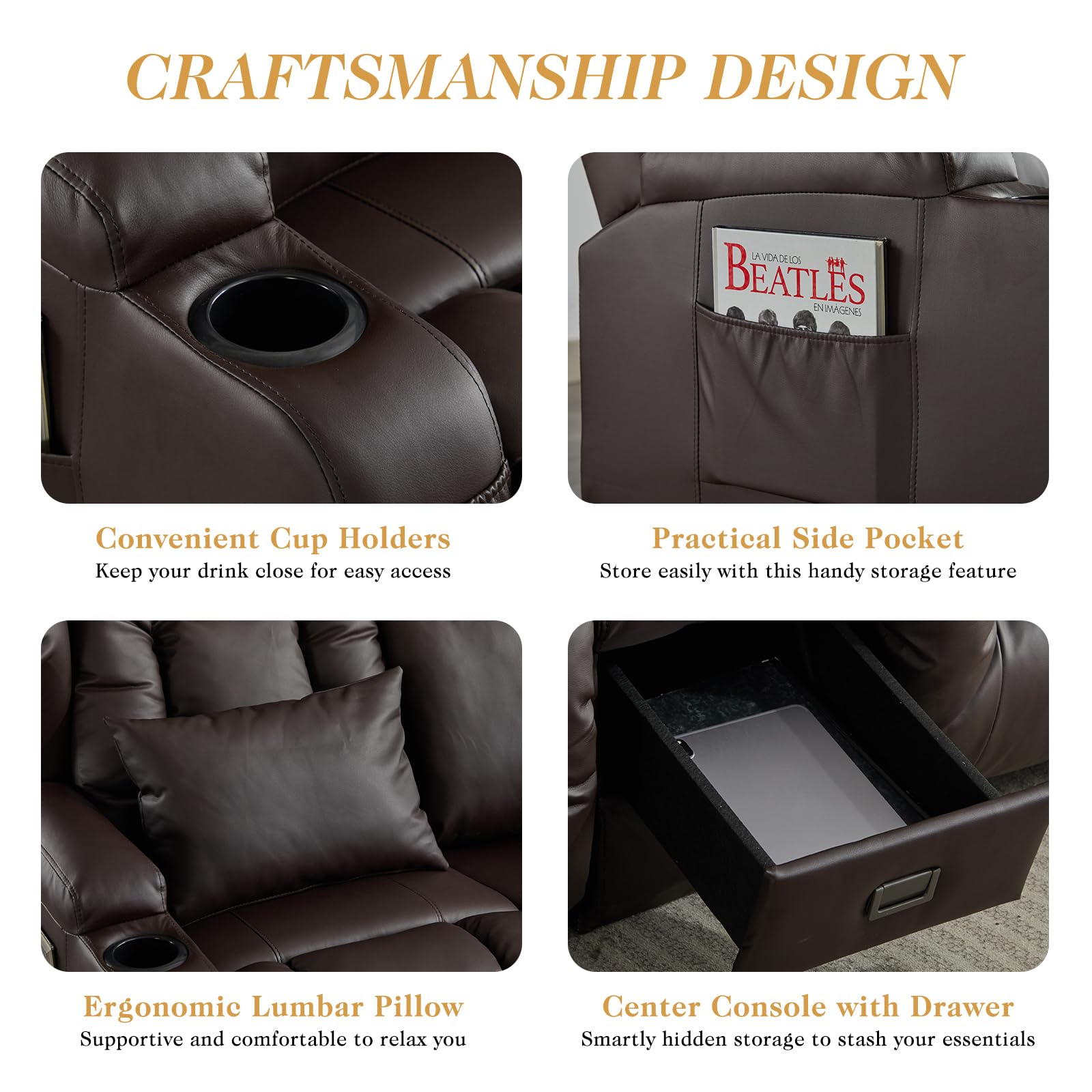 Kinosessel 2-Sitzer manuell, Relaxsessel mit Liegefunktion & Getränkehalter, Doppel-Fernsehsessel Relaxsofa verstellbar mit Klappkonsole, Heimkino Sofa Zweisitzer für Wohnzimmer, Kunstleder