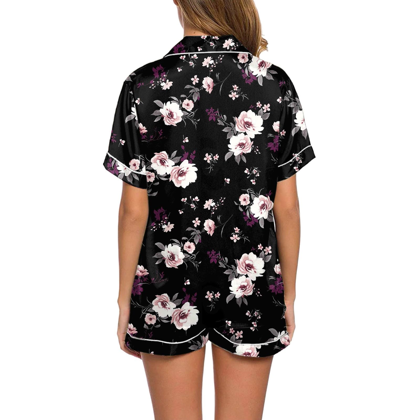 Generisch Conjuntos de pijama de satén de seda para mujer, manga corta, ropa de dormir con botones, parte superior y pantalones cortos (negro, L)
