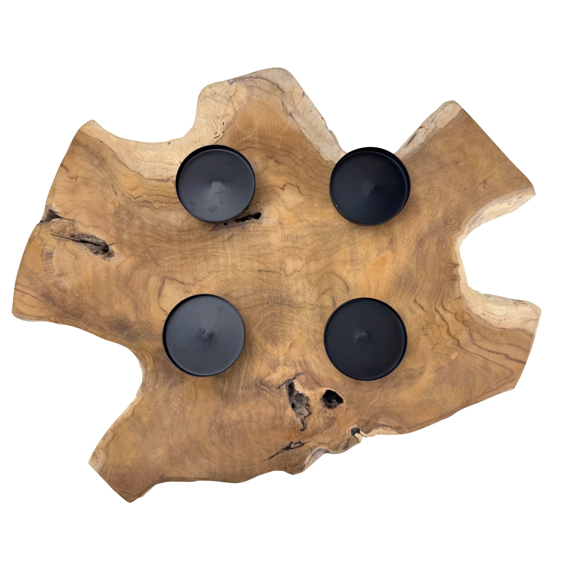 Adventskranz aus rustikalem Teakholz mit schwarzen Kerzenhaltern aus Metall für Stumpenkerzen - modern und natürlich für Ihre Weihnachtsdekoration
