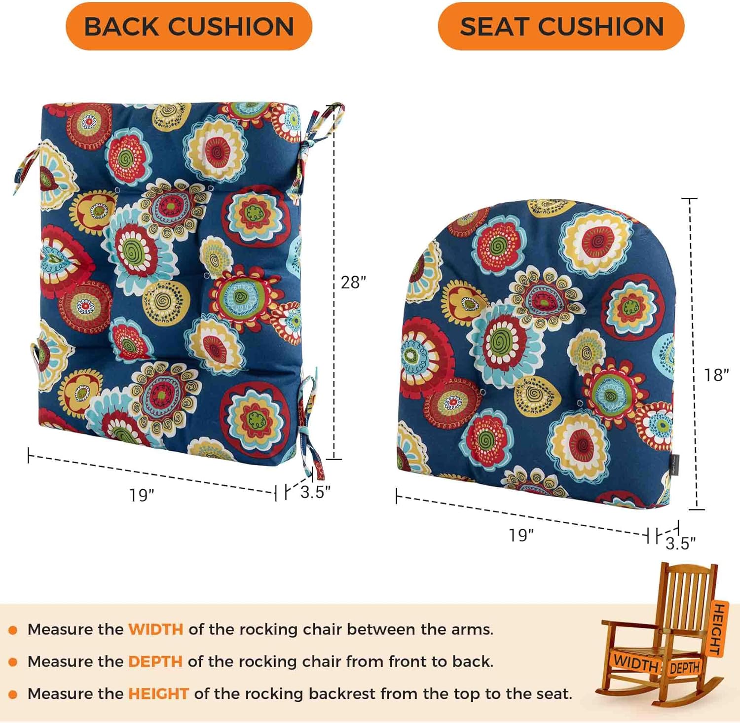 Magpie Fabrics Outdoor Rocking Chair Cushion Set, Tufted Pad for Rocking Chairs with Ties, Seat 19" x 18"/Back 28" x 19", Floral Navy