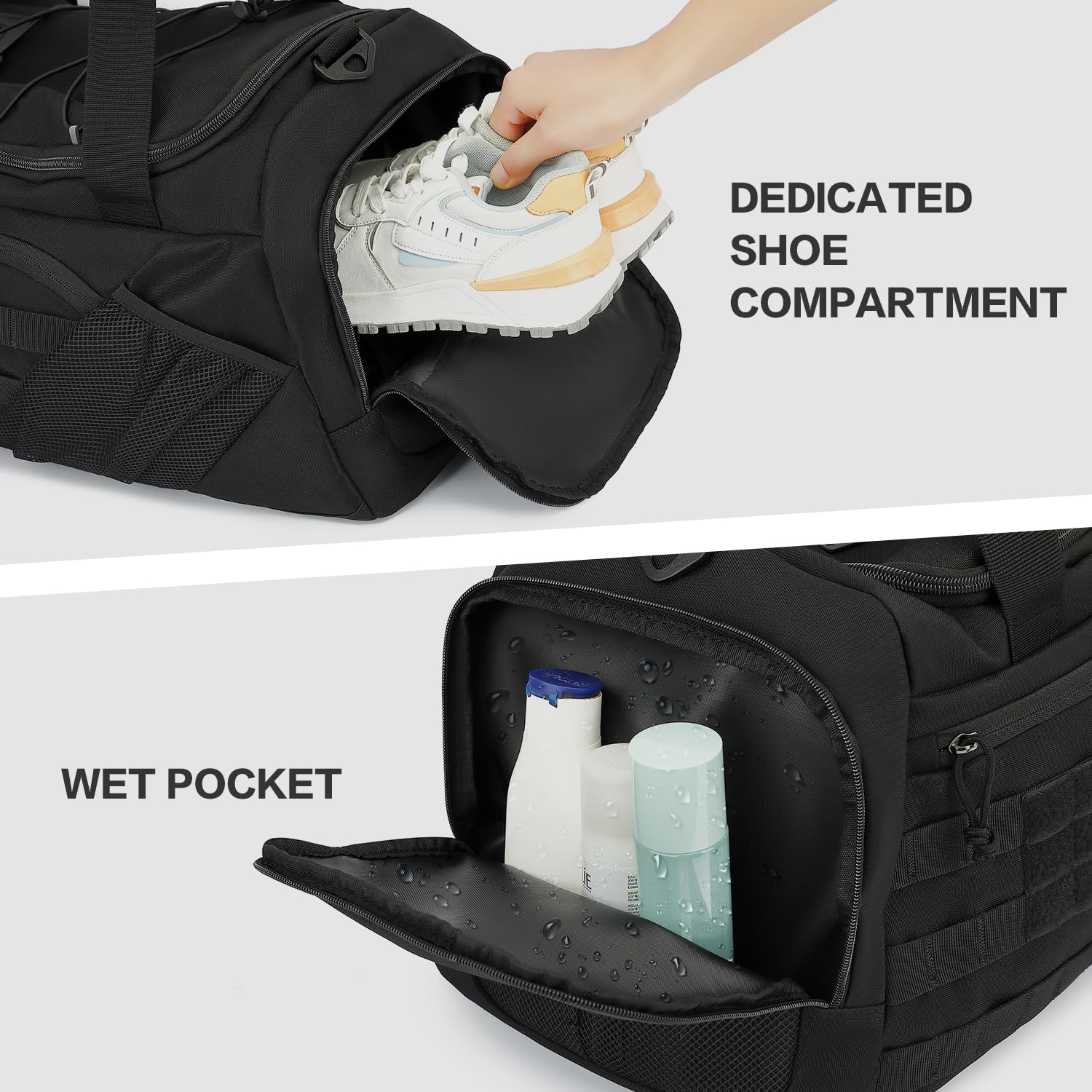 Bolsa Deporte Hombre 45L Mochila Gimnasio Táctica Militar Bolsa de Viaje con Compartimento para Zapatos + Separada Seco y Humedo para Natacion, Fitness, Fin De Semana, Negro
