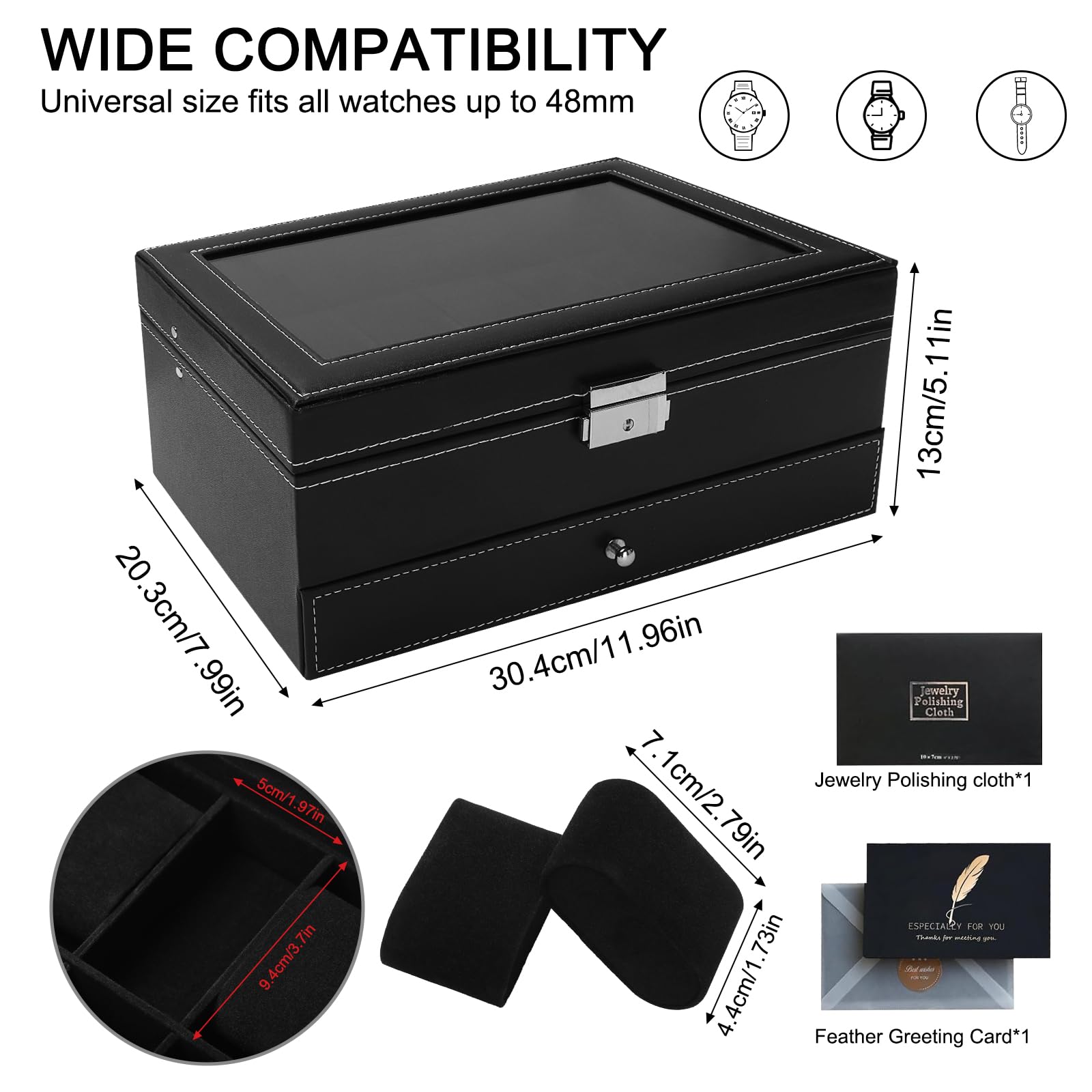 Boîte à montres à 2 couches,Coffret à Montres avec couvercle en verre,Rangement pour Montres en Cuir,12 compartiments et 1 tiroir,pour montres, bagues, bracelets,Boîte de Montre Noir
