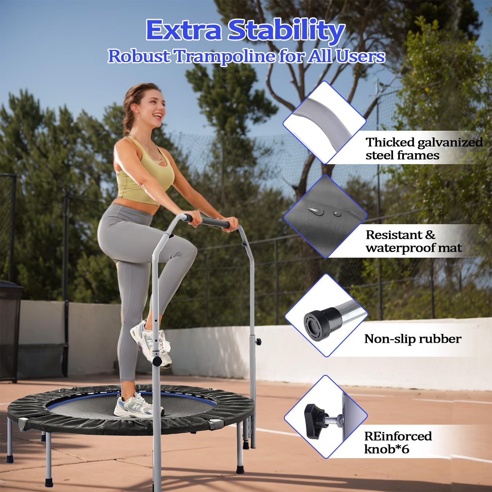 40/48 Inch Foldable Fitness Trampoline – Adjustable Foam Handle, Quiet Stable Rebounder for Home Gym, Kids & Adults – Indoor/Outdoor Exercise Equipment (Black, 40 Inch)