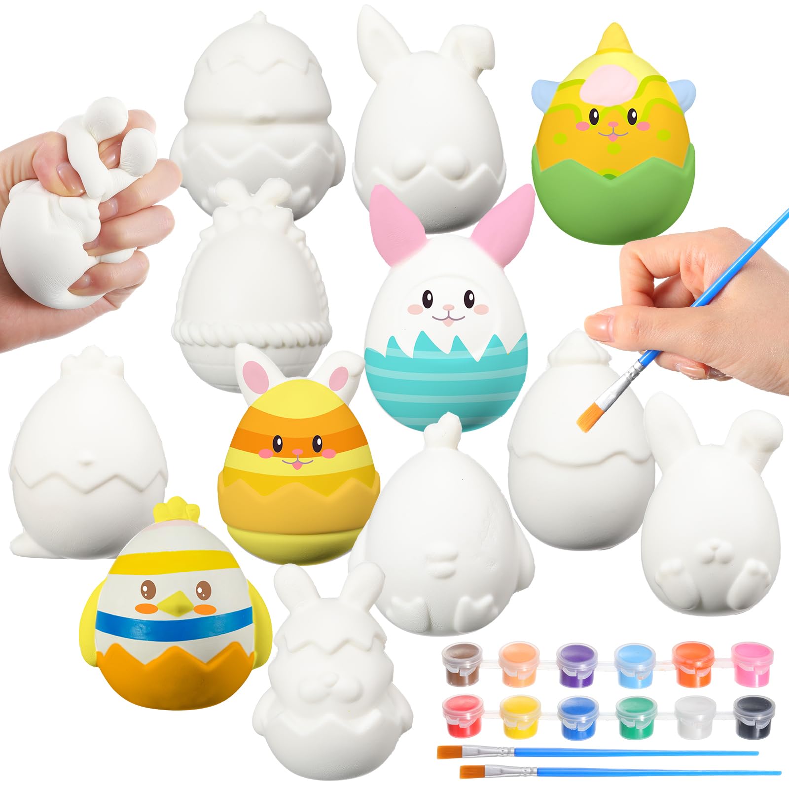 12 Pcs Easter Eggs Crafts White Eggs Coloring Decorating Kit Squeeze Bunny Toys with Dye Paints Brush for Easter Basket Stuffers Fillers Gifts Hunt Activity Painting Arts Party Favors