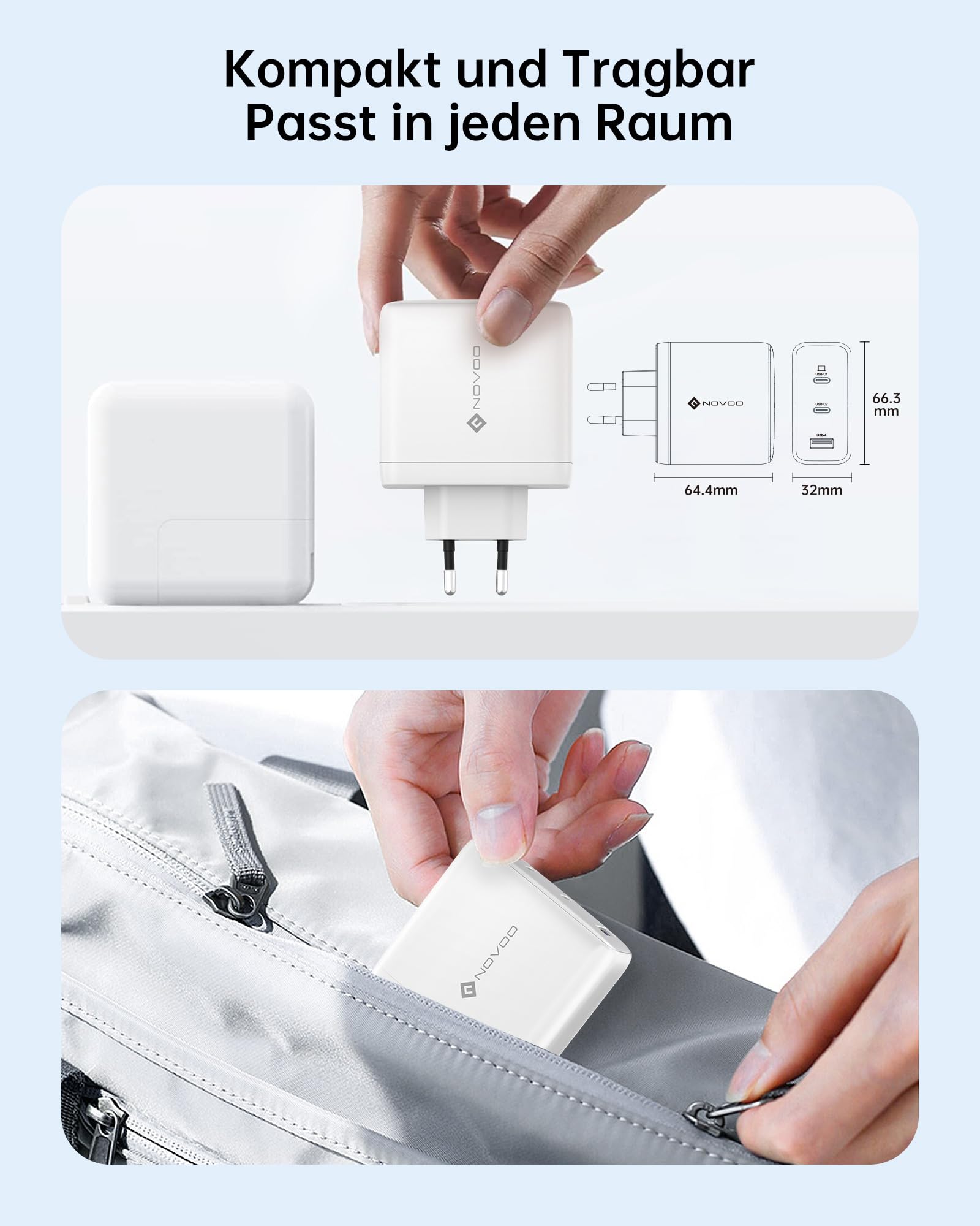 NOVOO GaN III Szybka ładowarka USB-C 120 W, kompaktowa 3-portowa uniwersalna ładowarka PPS z 1 kablem PD 100 W typu C, do MacBook Pro 14'', Dell XPS 13, iPad Pro, iPhone 15, Galaxy S23, Note20, Apple