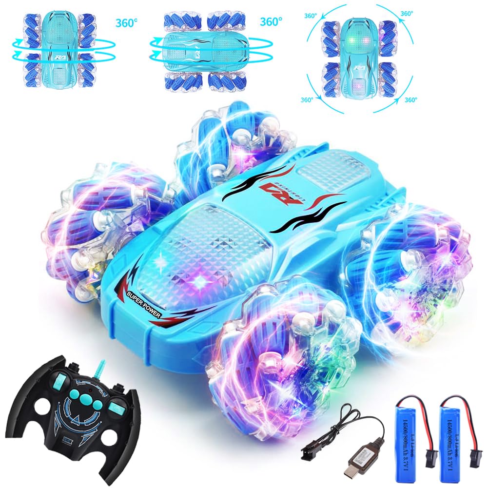 YI-YANG-AII Remote Control Car for Kids,RC Stunt Car Toys,4WD 2.4Ghz Double Sided 360° Rotating Off Road Vehicle with Lights Music, Rechargeable Toy Cars for Boys Girls Birthday (Blue)