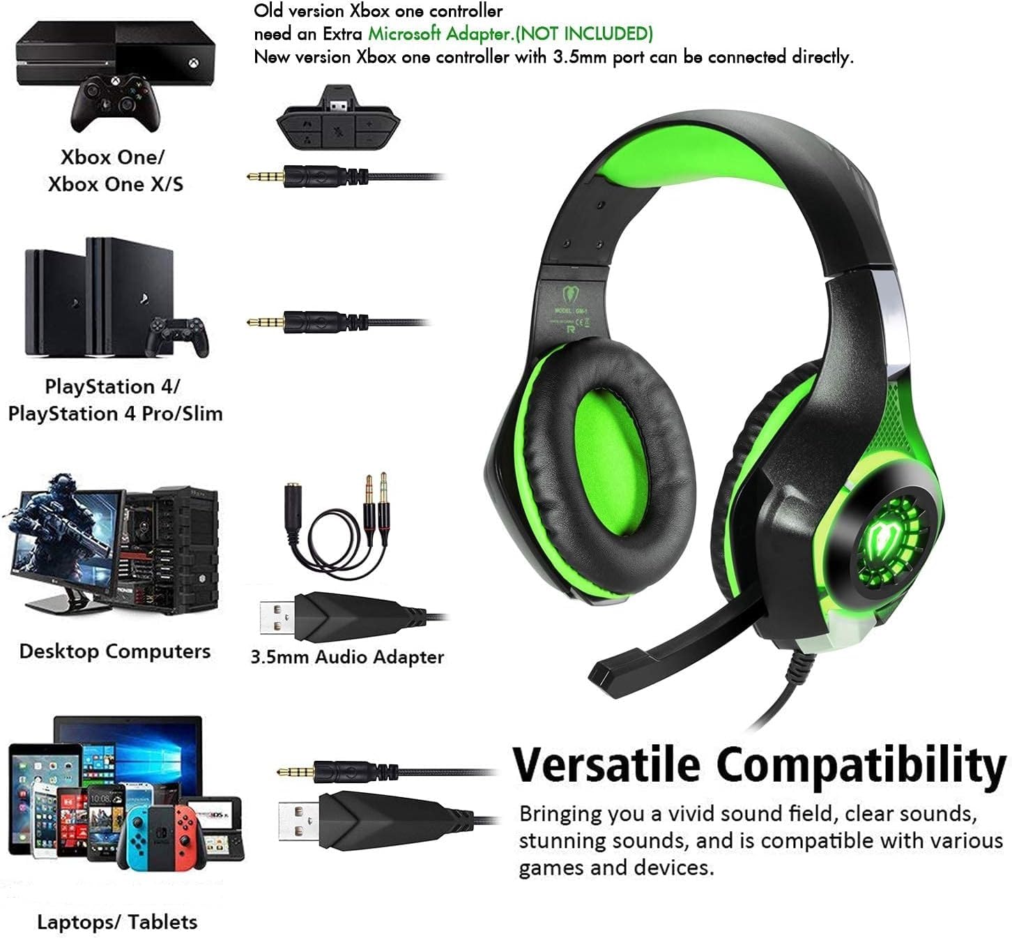 BlueFire Gaming Headset für PS4, Gaming Kopfhörer mit 3,5 mm Klinkenstecker LED und Mikrofon, Bass Stereo Audio Surround Gaming Headset für Xbox One/Xbox One S/PC/Laptop (Grün)