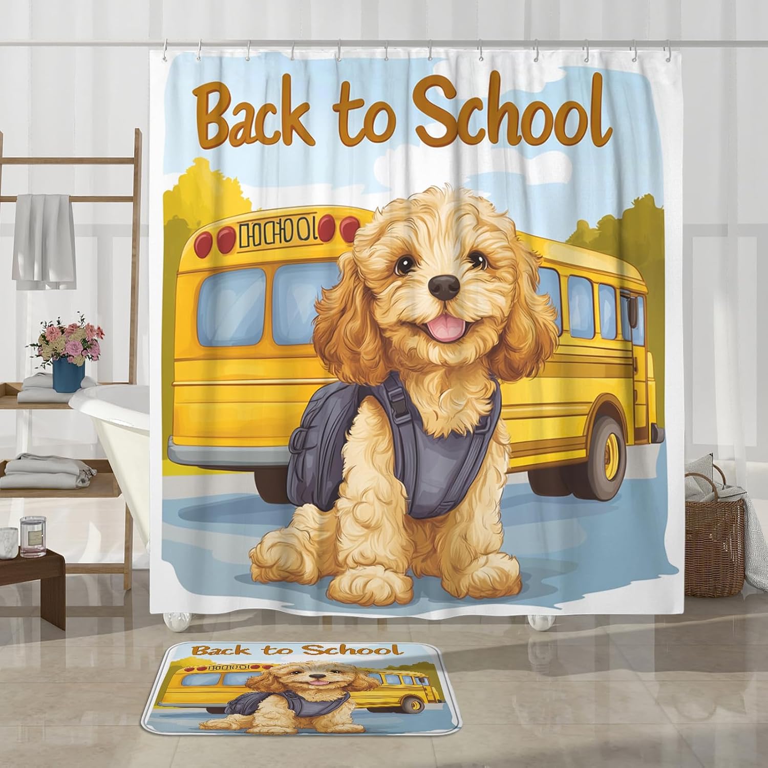 4PCS Cockapoo Dog School Bus Bathroom Accessory Sets with Non-Slip Rug, U Shape and Toilet Lid Cover Mat, Fun Back to School Puppy Bathroom Decorative-72''x72''