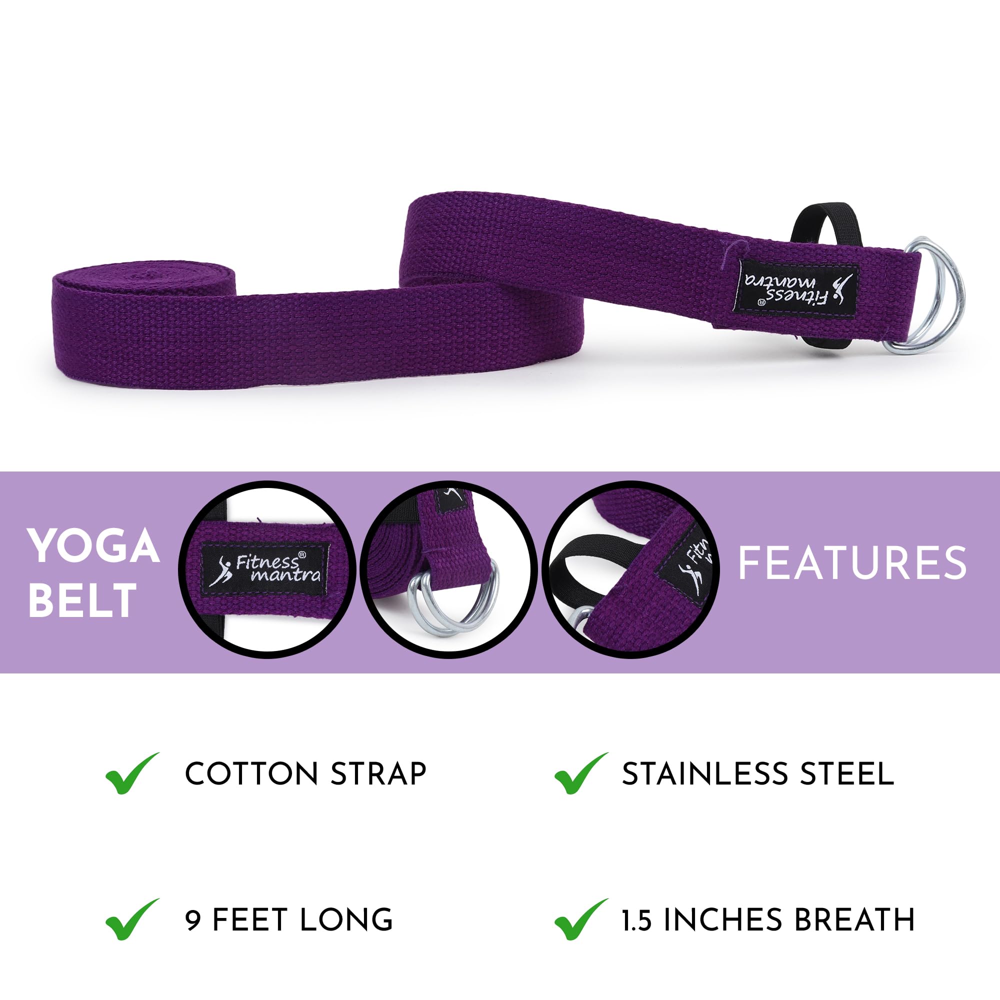 Fitness Mantra® 8.5 Feet Premium Cotton Yoga Belt for Women and Men |Adjustable D-Ring Strap for Stretching, Yoga, Pilates, Physical Therapy & Fitness |Durable & Anti-Slip Quality| Purple| 1