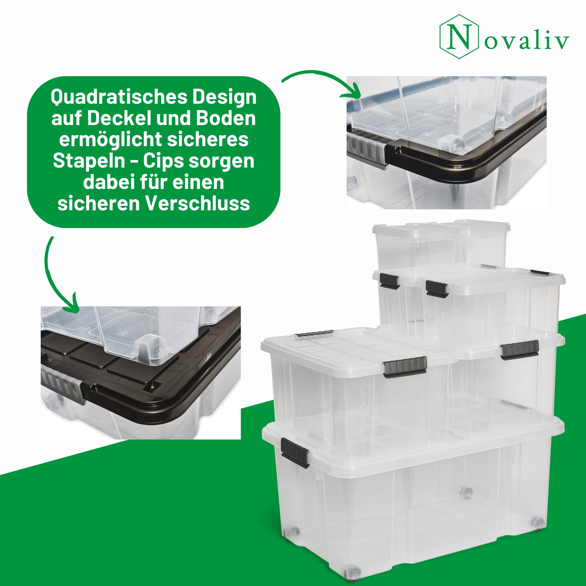 Novaliv - Set di 2 contenitori con coperchio, trasparente, 1 x 55 l + 1 x 28 l, impilabili, con chiusura a clip, senza BPA