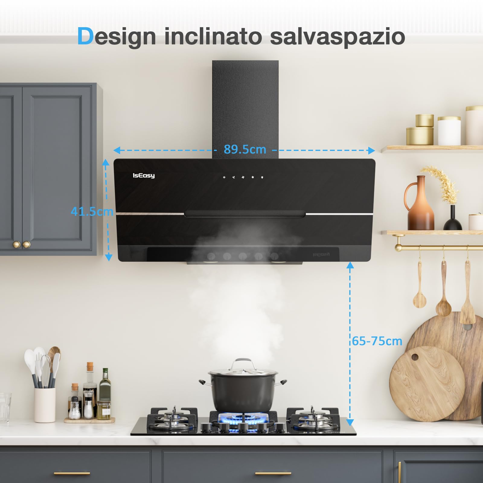 Cappa Cucina 90 cm, IsEasy Cappa Aspirante 90cm con 578 m³/h Forte Aspirazione, Touch Control, 3 Livelli di Regolazione, Ricircolo e Modalità di Scarico, Nero, 58 dB, Efficienza A++
