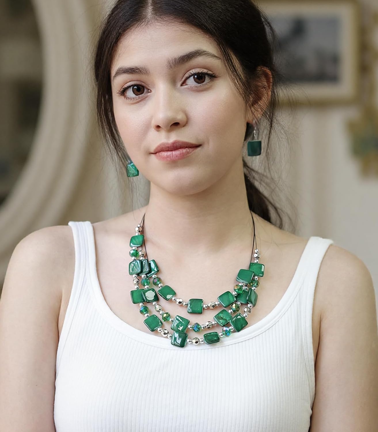 Layered Beaded Statement Necklaces for Women Square Shell Bead Collar Necklace and Earring Set Birthday Gifts Boho Jewelry Sets for Women - Image 4