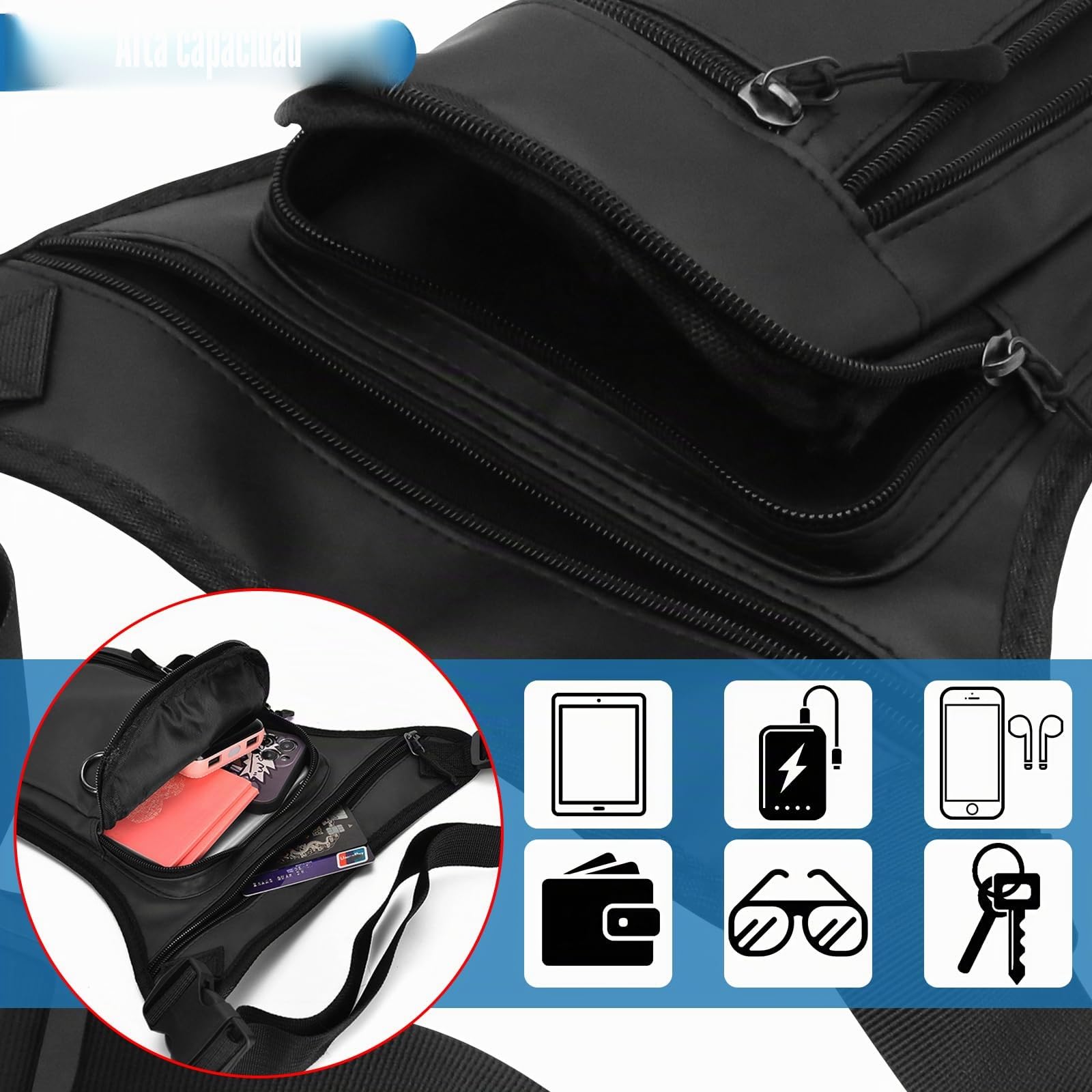 Bolsa de muslo riñonera para hombre y mujer, bolsa de pierna impermeable multibolsillos con cremallera, riñoneras exteriores para motocicleta, bicicleta, senderismo, correr (Negro)