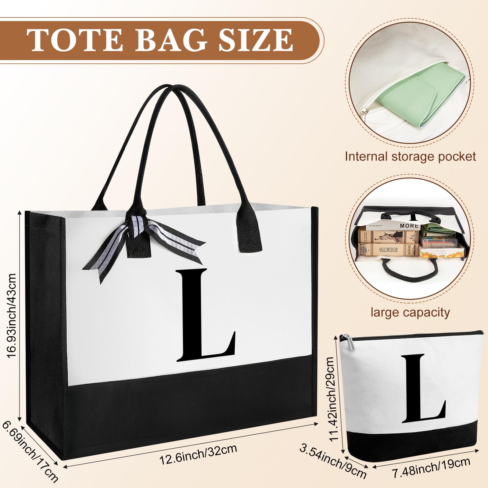 Aliceset Regalos para el día de San Valentín para mujer, bolsa de lona con inicial y maquillaje con cremallera y taza de café de cristal inicial, regalos para ella, Como se muestra en la imagen, Large