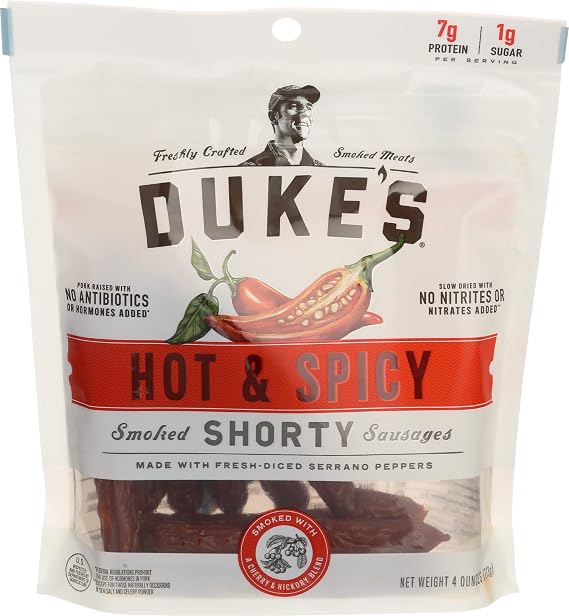 DUKES Hot & Spicy Smoked `Shorty` Sausages, 4 OZ