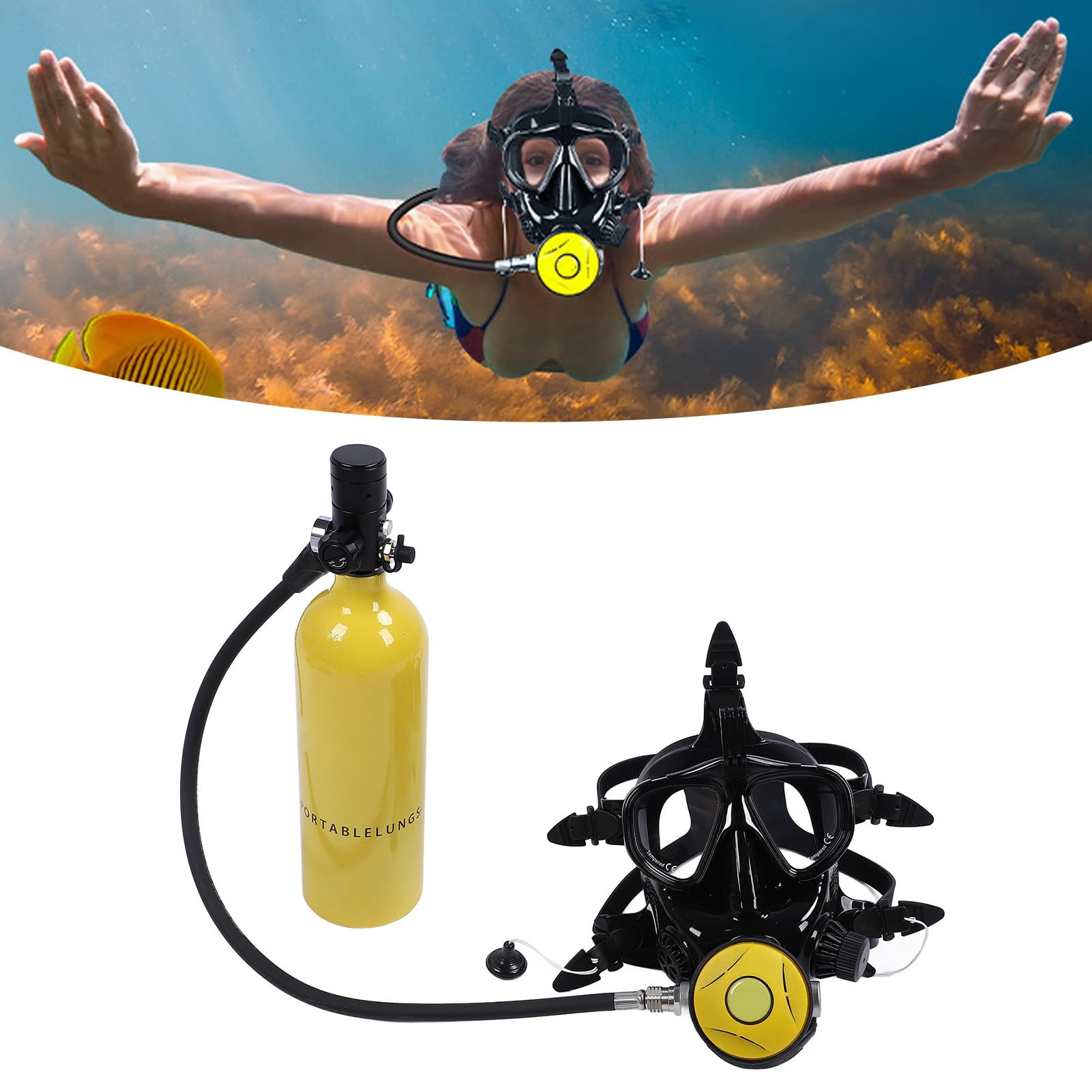 DIDEEP - Mini tanque de buceo con gafas de buceo de cara completa, tanque de oxígeno portátil de 1 litro y equipo de esnórquel para los entusiastas de la exploración submarina y el esnórquel
