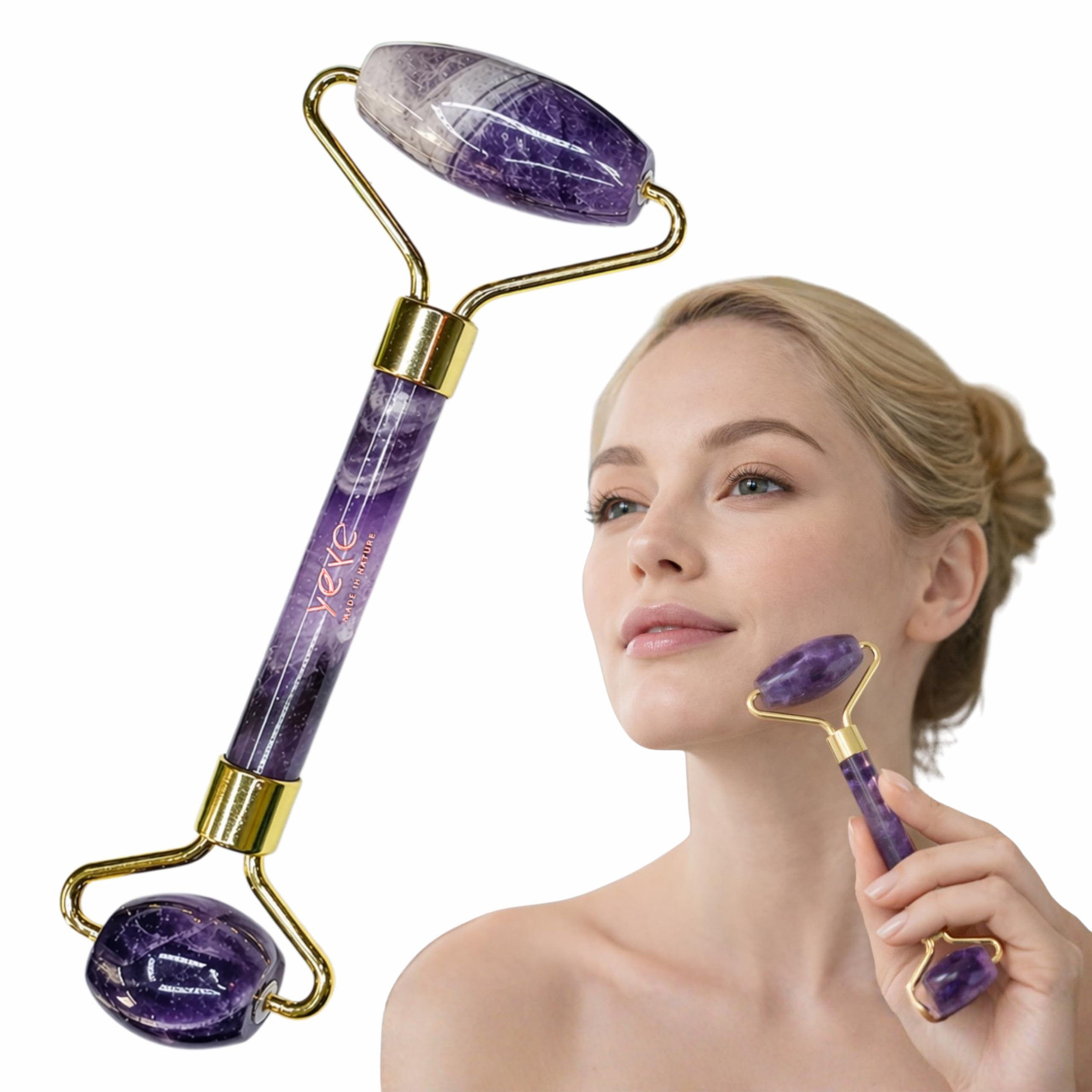 YEYE Made in Nature, rullo per massaggi viso in ametista viola naturale, rullo per massaggio facciale, lifting, levigante, migliora la circolazione, elimina le rughe, per la cura quotidiana