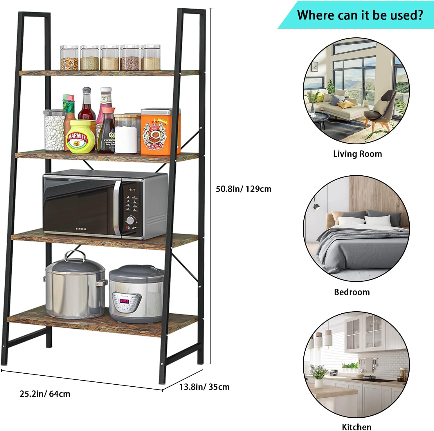 Casulo 4 Tiers Ladder Shelf Bookshelf, Industrial Storage Rack Stand Shelves with Metal Frame and Wood Look, Versatile Plant Flower Bookcase Organizer for Home Office Bathroom Living Room Kitchen : Home & Kitchen