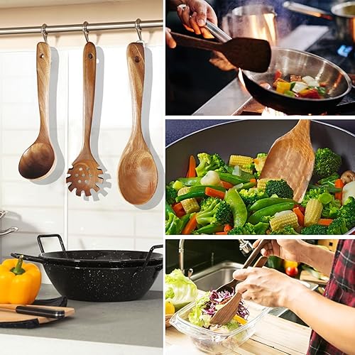 Miniatura 6 de GEEKHOM Juego de utensilios de madera, 10 espátulas de cocina para utensilios de cocina antiadherentes, espátula natural, cucharón para cocinar,