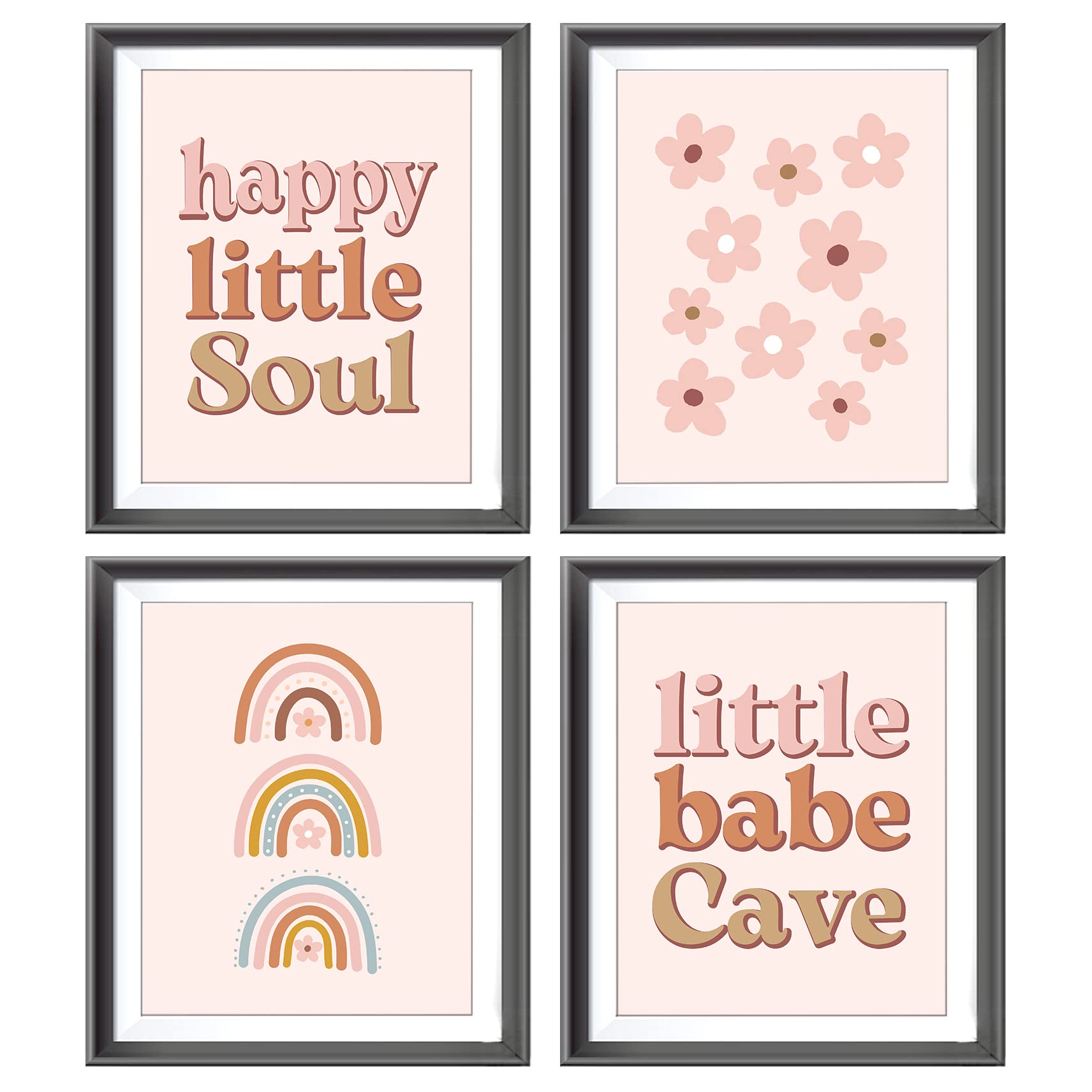 Little Babe Cave Happy Little Soul Boho Nursery Poster Prints for Kids Baby Girls Room Playroom Nursery Decor,Bohemia Rainbow Flowers Decorations Prints Wall Art Unframed 4pcs 8x10 Inches