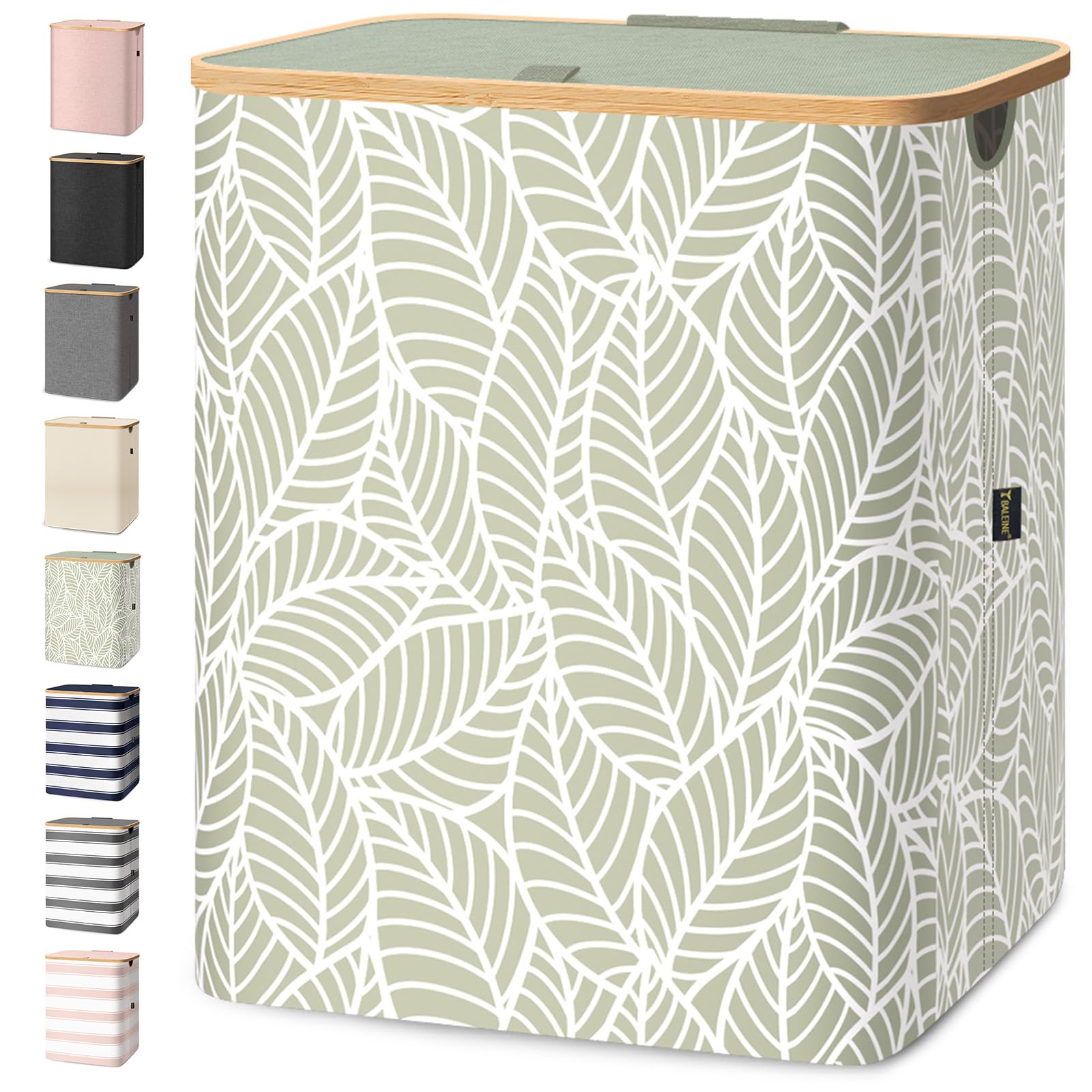 BALEINE Laundry Hamper with Lid, Tall Laundry Baskets with Bamboo Pull Handles, Large Laundry Bin with Internal Support (36 Gal/140L, Antique Foliage)