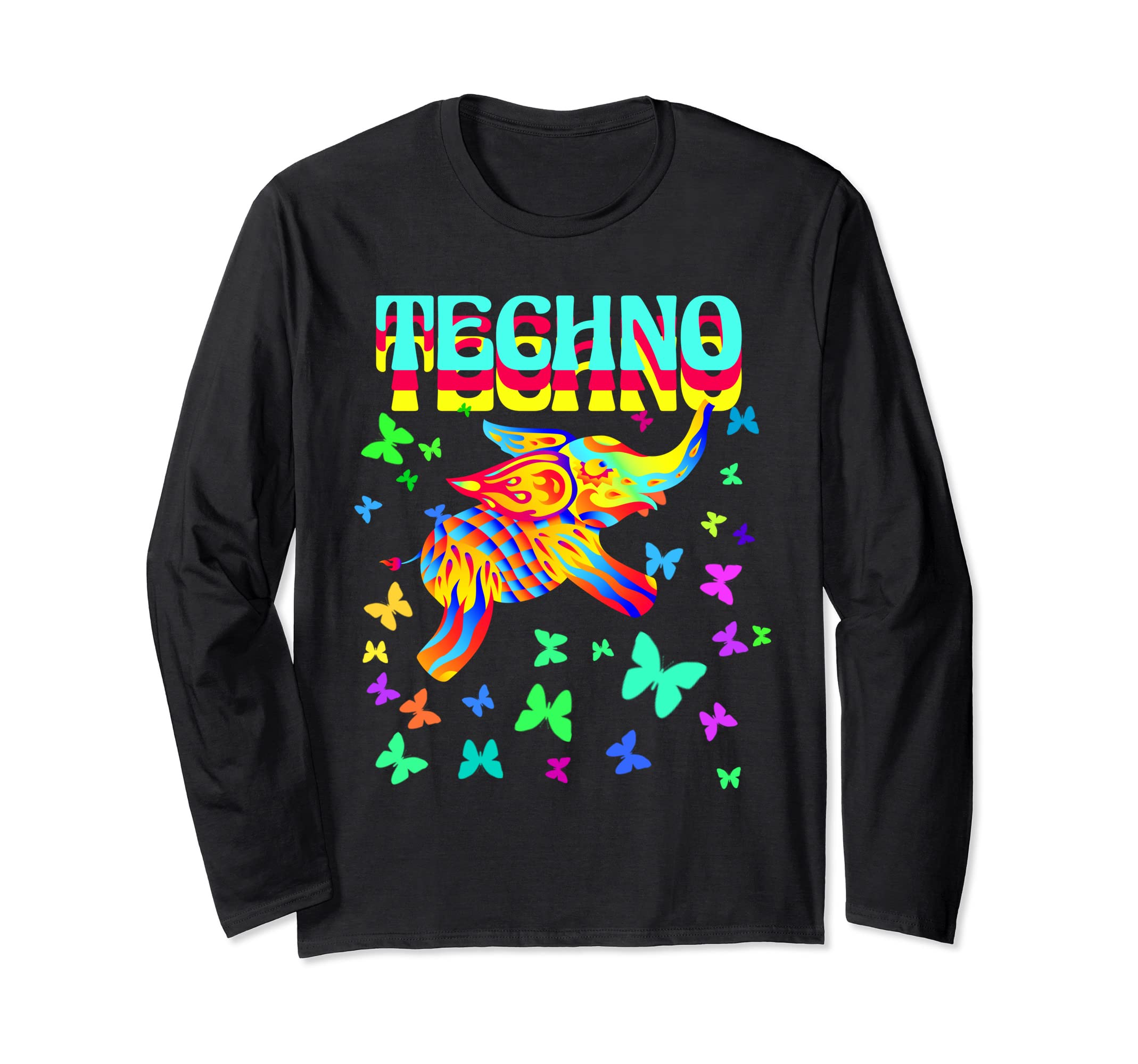 BIGUP EDM DesignsTrippy Techno Elephant DJ Raver Rave Party EDM Festival Long Sleeve T-Shirt