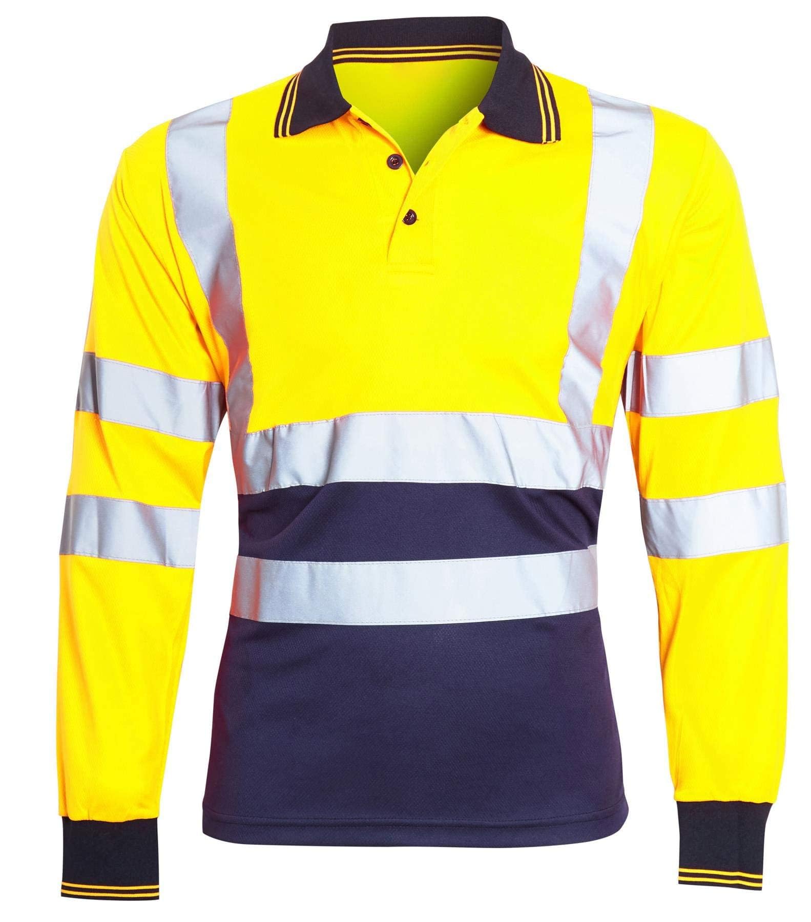 Hi Viz High Visibility Long Sleeve Polo Shirts - Men's Reflective Tape Safety Hi Vis Security Work Breathable Lightweight Workwear T-Shirt Tops Plus Size S-5XL