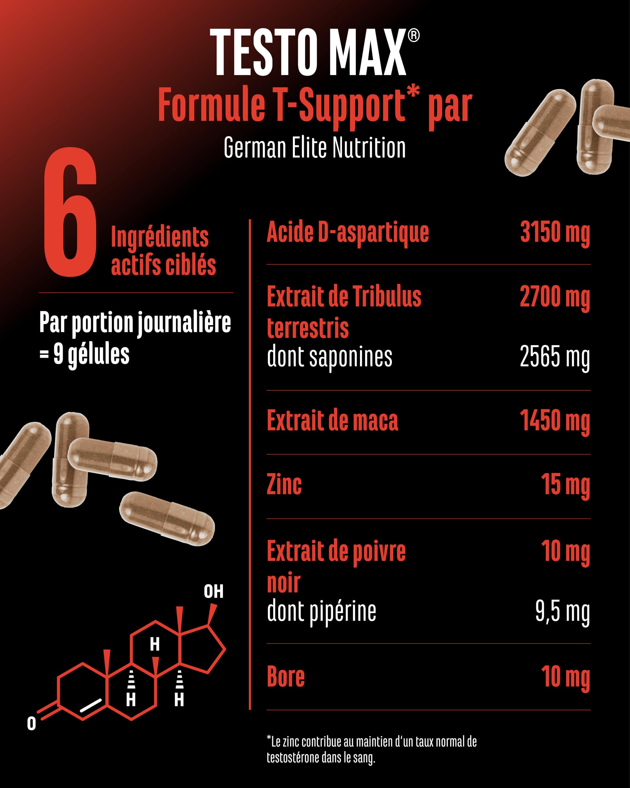 Testo MAX® - 270 Gélules - Extra Forte Dose avec 7323 mg par Dose Journalière - avec Acide D-Aspartique - Tribulus - Extrait de Maca - Bore - Zinc - Acides Aminés - Végan | Avec acide D-asparaginique, tribulus et maca, 7323 mg par dose journalière, avec b