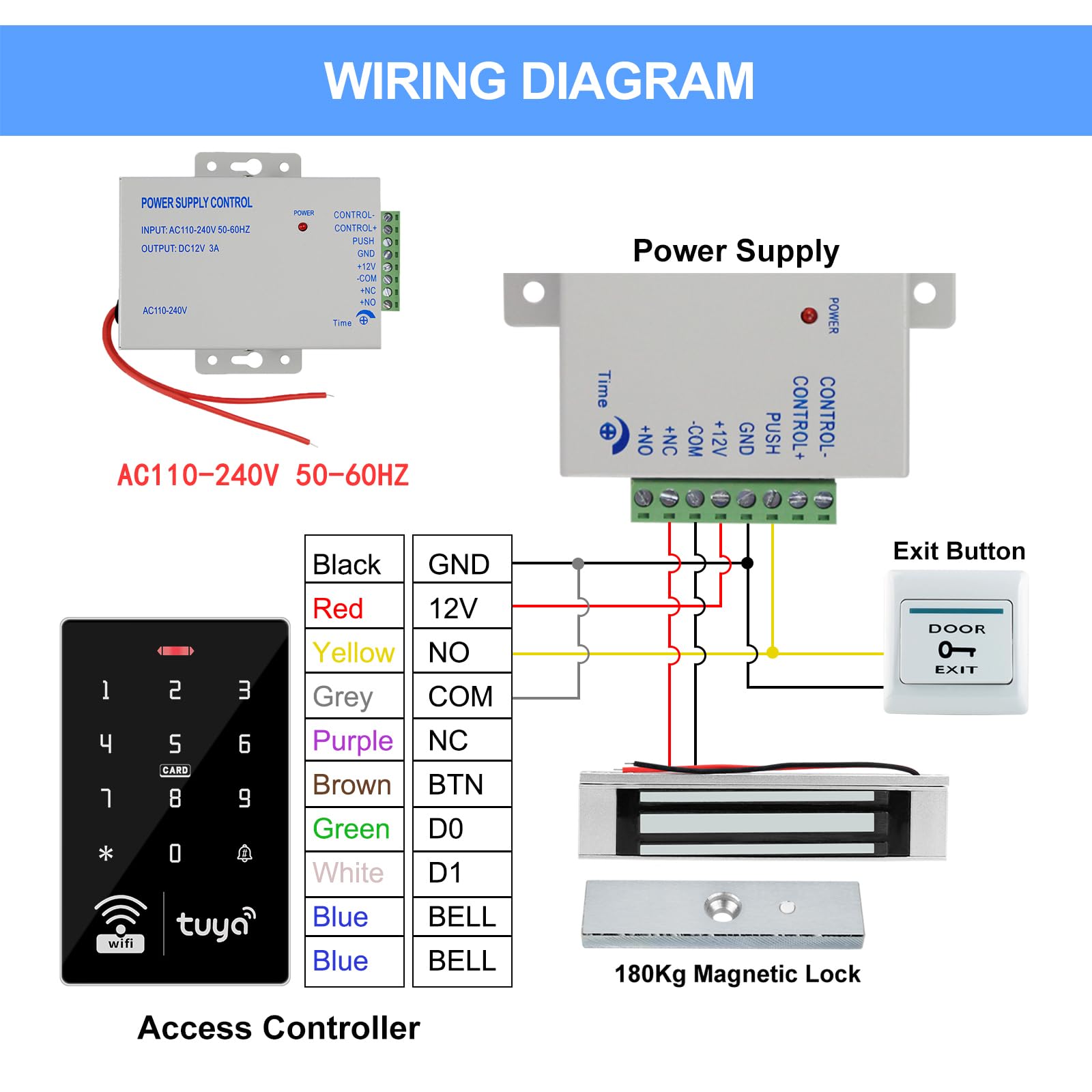 Kit completo de control de acceso WiFi inteligente S10 Tuya: bloqueo magnético de 180 kg, fuente de alimentación, interruptor de salida y 10 tarjetas IC, solución de seguridad completa.