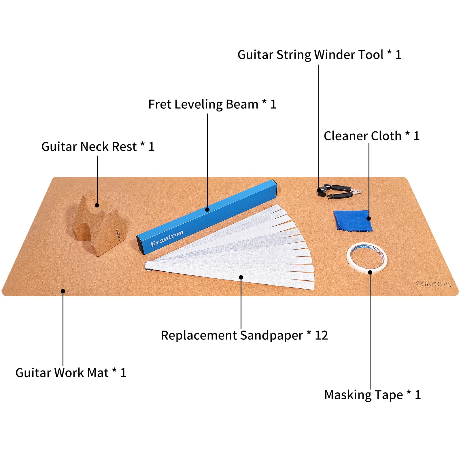 Frautron Guitar Work Mat Kit, Fret Leveling Beam Kit, Luthier Tool Kit with 16