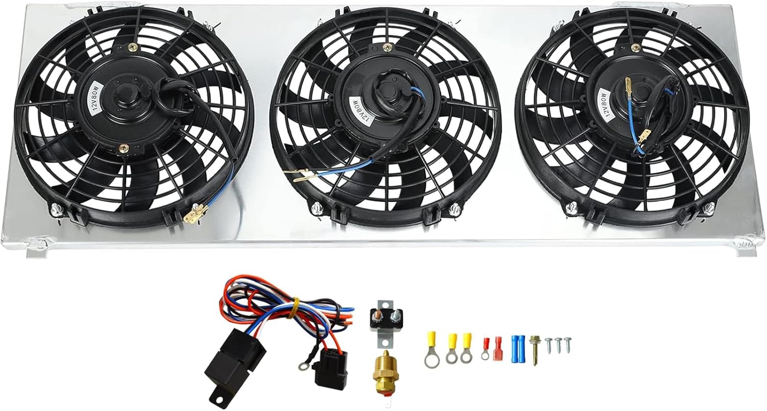 Performance 12V 80W Three 9" 9inch Electric Radiator Fans + Aluminum Diversion Hood Compatible for Jeep Cherokee XJ 1991-2001