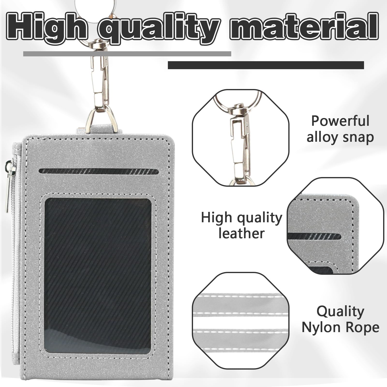 ID Badge Holder with Zip Pocket, Leather TD Card Holder with Lanyard - Image 3