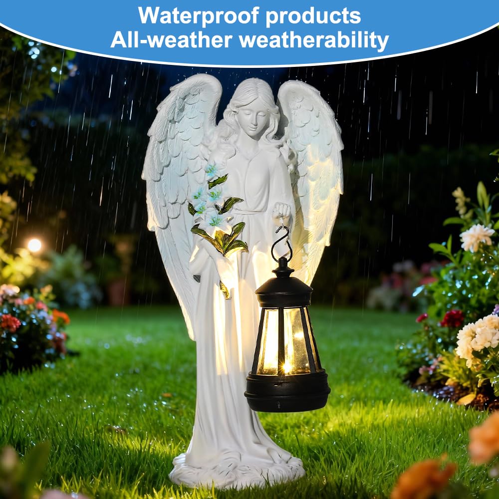 Solar Engel Gartenstatuen, Wetterfest Grabschmuck, LED Fairy Engel Figur, Gartenstatue Geschenke, 31 cm Engels Skulptur Deko Rasen, Grablicht Outdoor-Deko für Friedhof Outdoor Gartendekoration