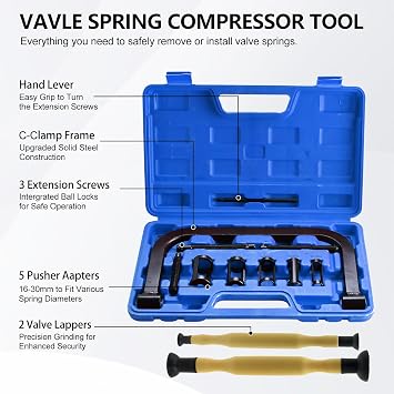 FreeTec Valve Spring Compressor Kit, 12pcs Valve Spring Compressor Tool with Solid C Clamp Pushers and Valve Lapper, Engine Valve Removal Tool Compression Tool for Car Motorcycle ATV Small Engine