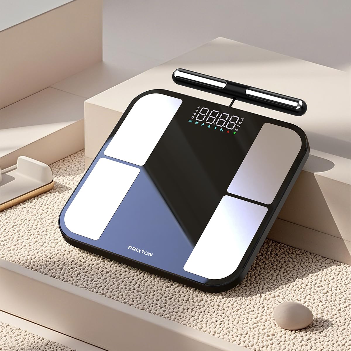 PRIXTON BC400 Body Metric Báscula de Baño Inteligente con Bioimpedancia, 56 Medidas Corporales, App Multiusuario (hasta 200), Electrodos Extensibles, 180 kg, IMC, Grasa y Masa Muscular
