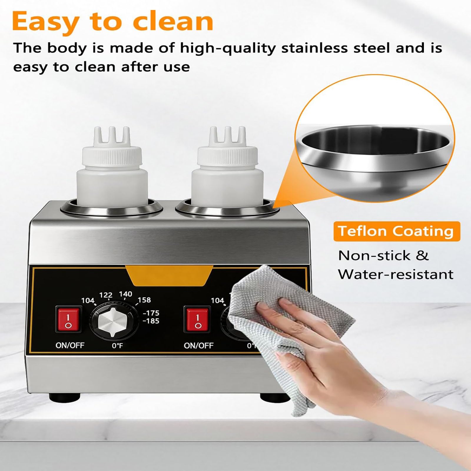 Dispensador De Salsas De Acero Inoxidable De Doble Botella, Calentador Eléctrico De Jarabes De 320 W con Recipientes De 650 Ml, Termostato Ajustable (86-185 °F) para Queso para Nachos
