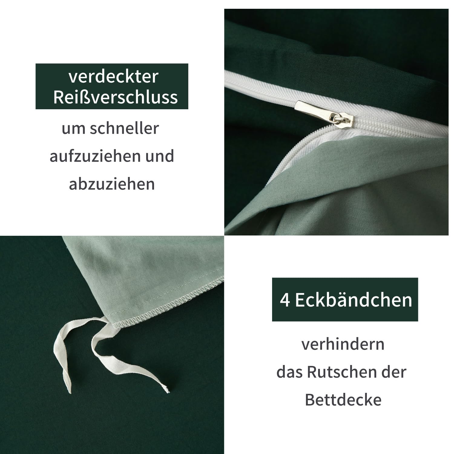 Boqingzhu Baumwolle Bettwäsche 200x220cm Grün Dunkelgrün Salbeigrün Einfarbig Uni Aesthetic Wendebettwäsche Set Bettbezug 200x220cm und 2 Kissenbezüge 80x80cm mit Reißverschluss