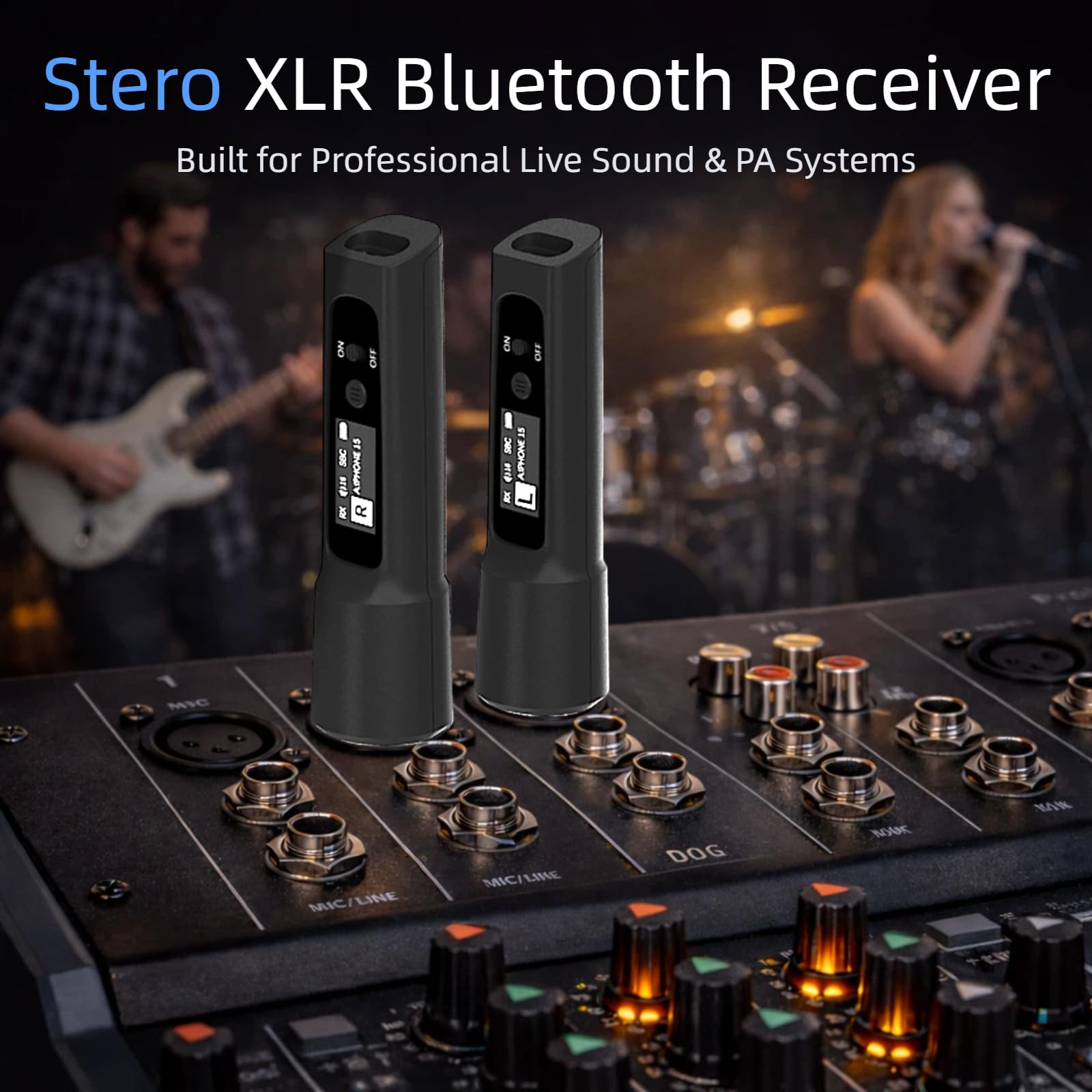 Receptor inalámbrico XLR Bluetooth, adaptador de audio XLR para altavoces PA y mezcladores de audio, sonido en vivo y transmisión, pantalla de estado, batería de 14 horas, rango de 100 pies